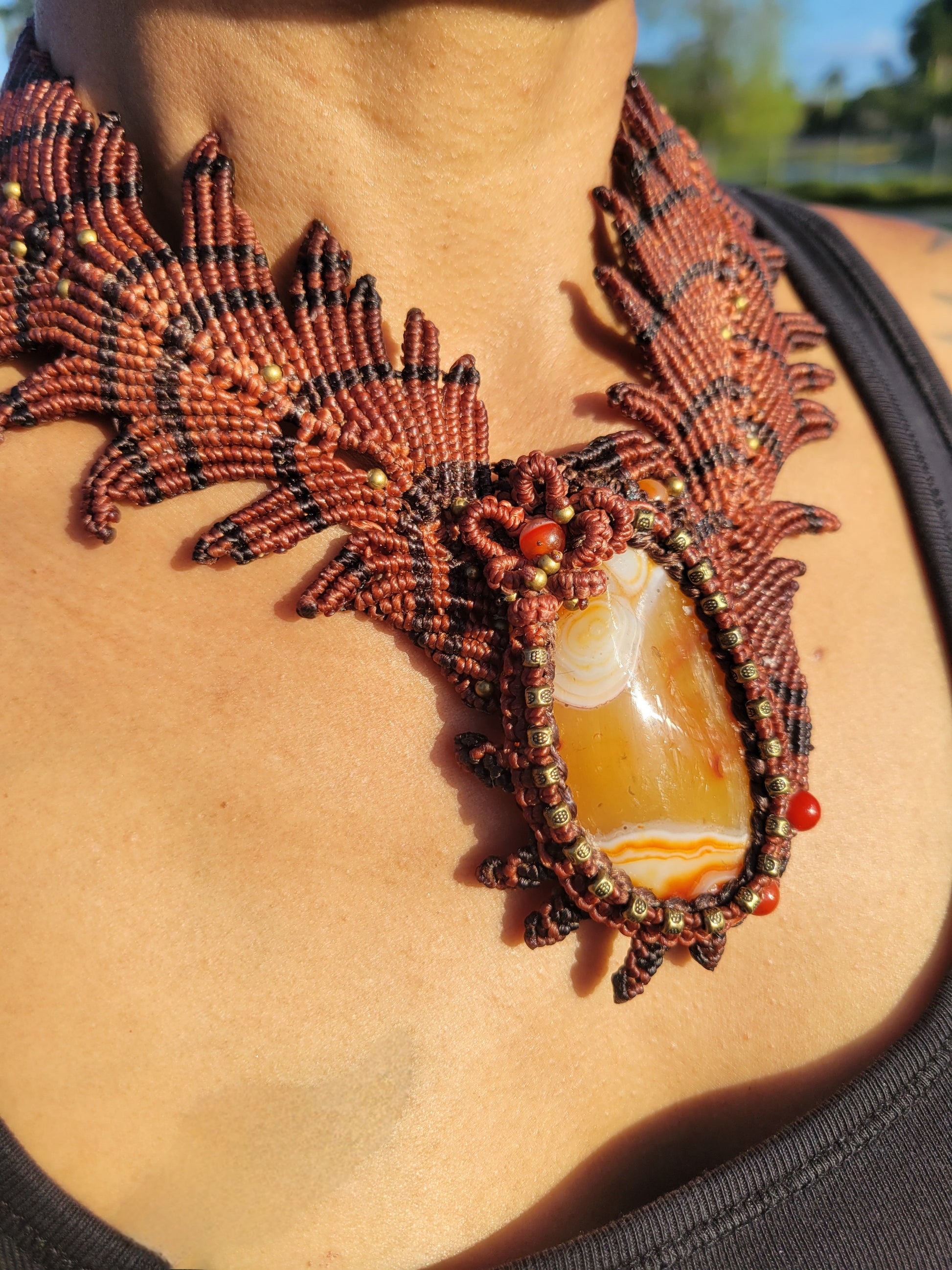 “Phoenix Rising” – Red & Black Macramé Choker Necklace with Carnelian Agate Pendant