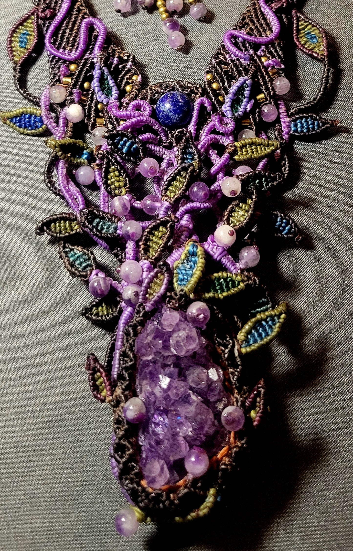 Amethyst Pendant – Psychedelic Forest Spirit Choker with raw amethyst, micromacramé, and colorful beads.