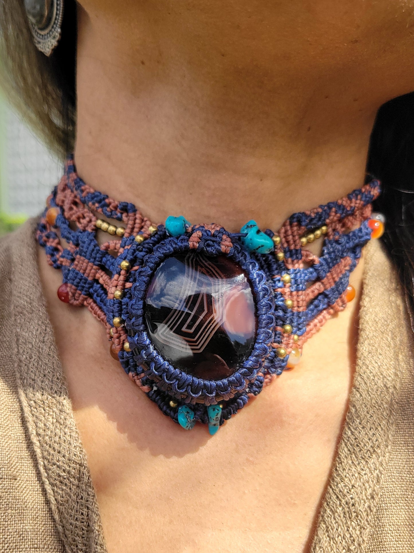Multistranded Choker Necklace – Carnelian, Turquoise & Brass with Black Agate Radiant Pendant
