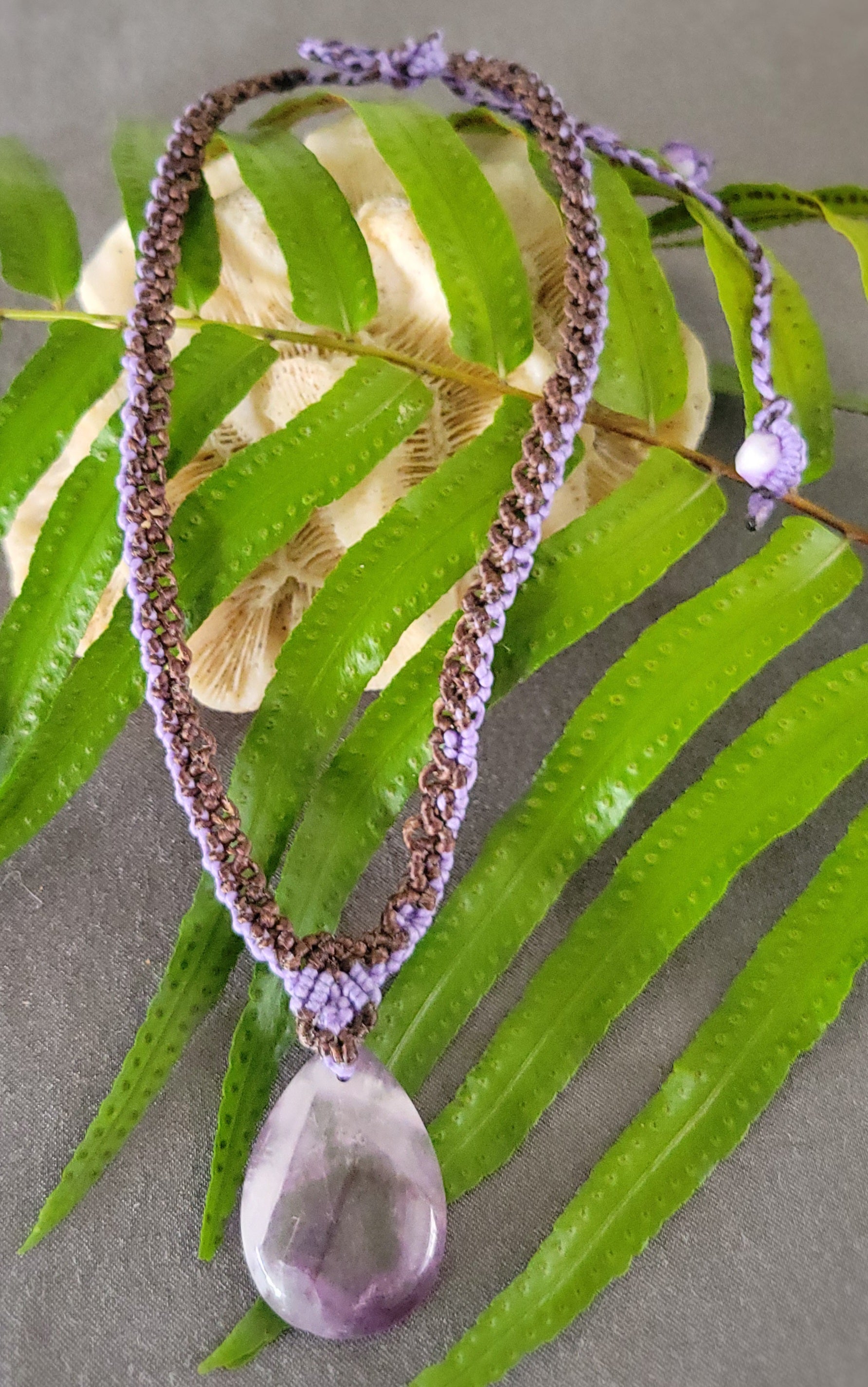 Amethyst Pendant – 'Purple Rain' Teardrop Crystal Pendant Necklace with macramé cord and adjustable closure.