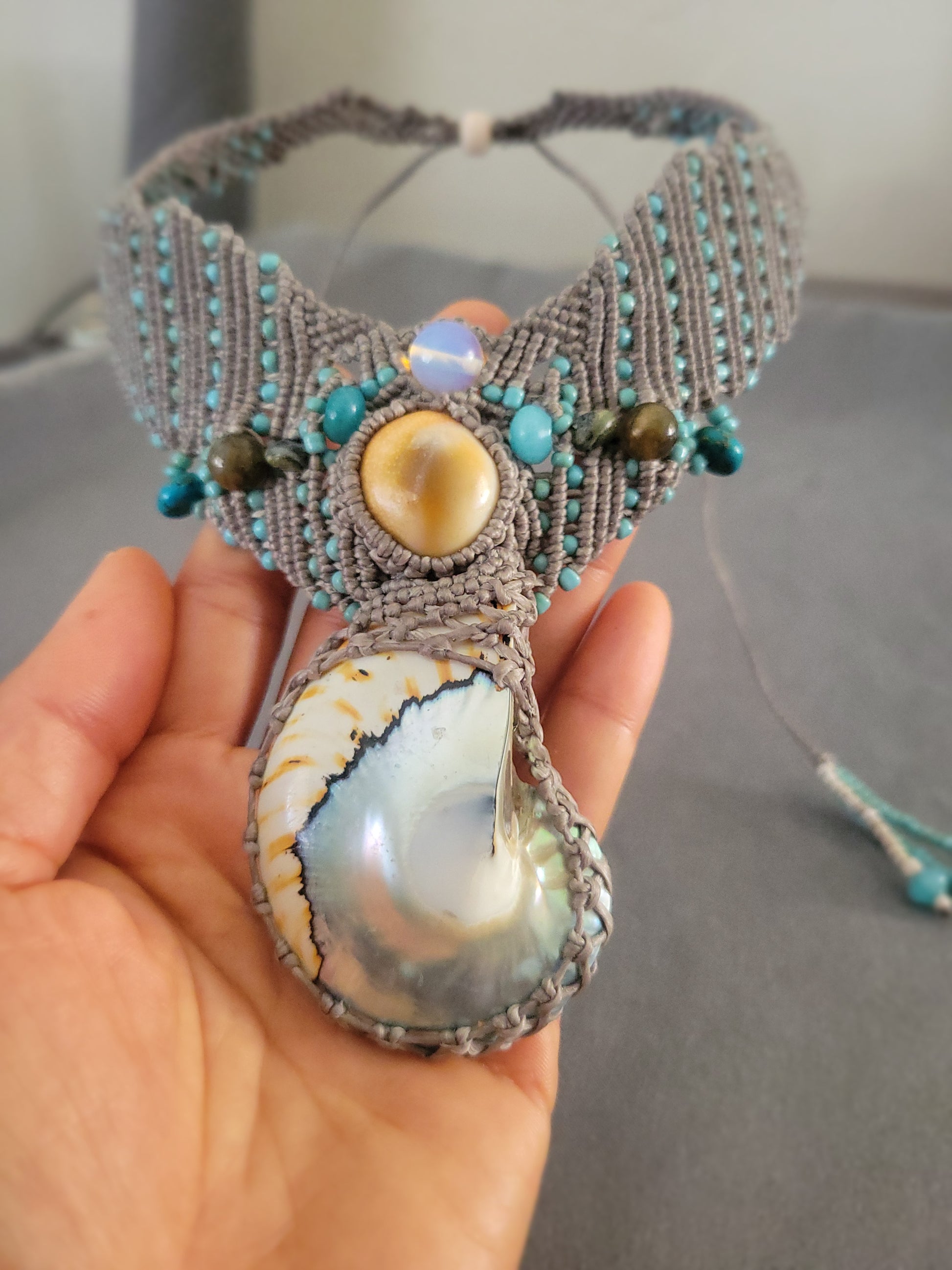 Boho Nautilus Shell Necklace with ocean-inspired macrame