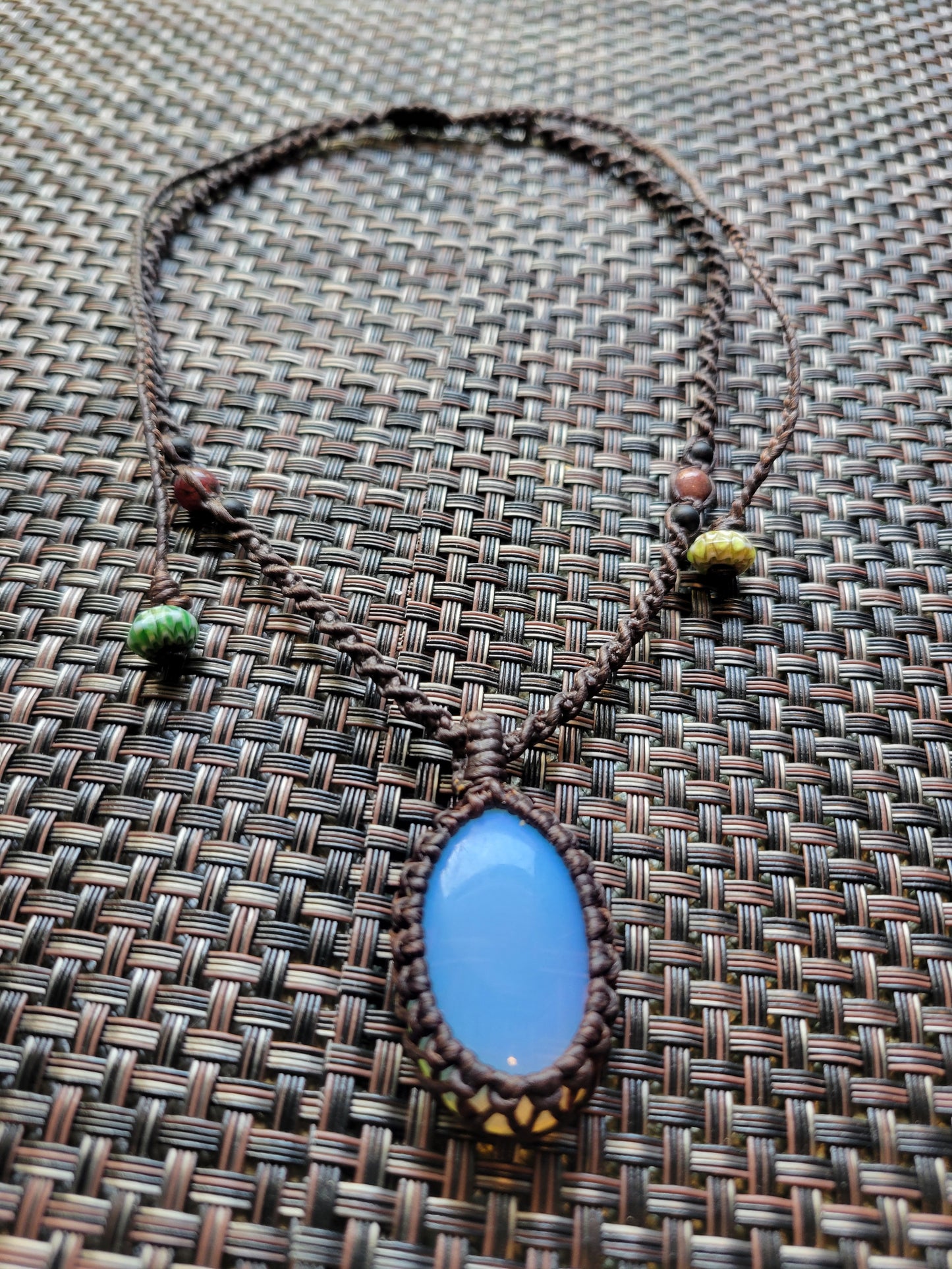 Opalite Macramé Necklace – Simple Boho Pendant with Stone Beads & Adjustable Brown Cord