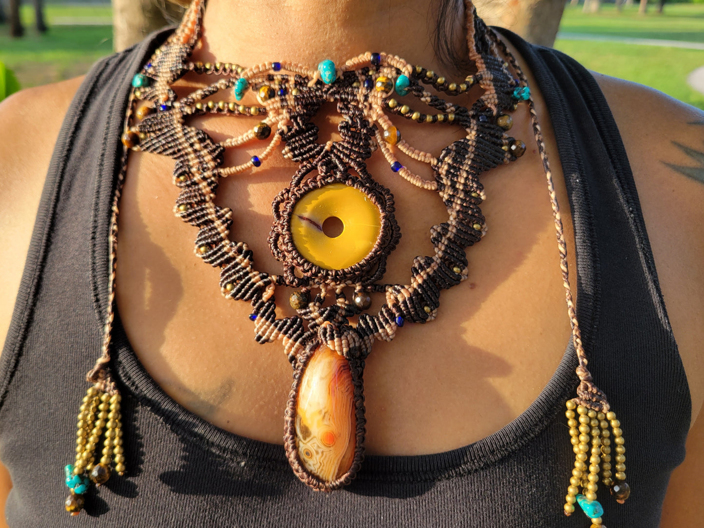 Carnelian & Jasper Boho Choker – Multistrand Statement Necklace with Brass & Stone Beads