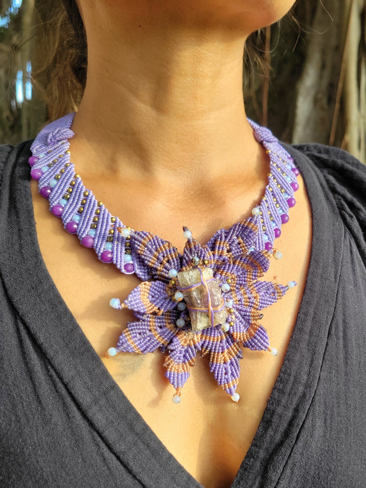 Purple Fluorite Macramé Choker – Handcrafted Floral Design with Phosphosiderite Accents