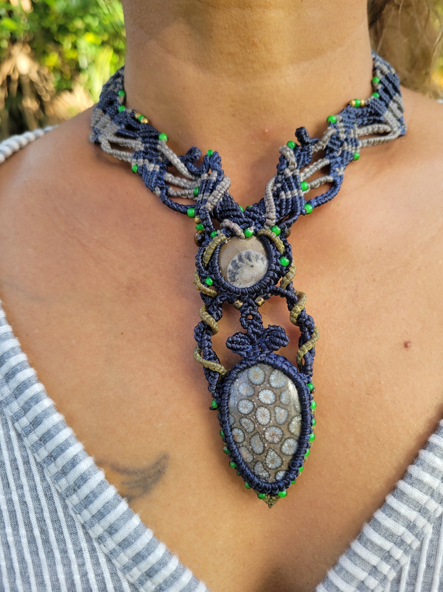 Handmade Ocean Necklace with fossilized coral and blue macrame
