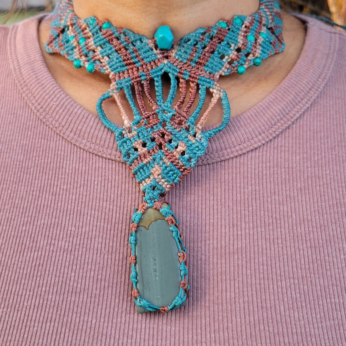 Jasper Stone Jewelry - Handmade Picture Jasper Ocean Boho Luxe Choker with macramé and turquoise accents.