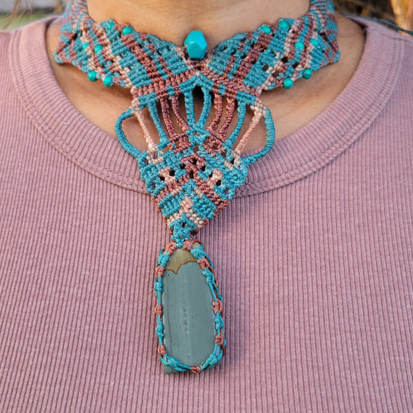 Jasper Stone Jewelry - Handmade Picture Jasper Ocean Boho Luxe Choker with macramé and turquoise accents.