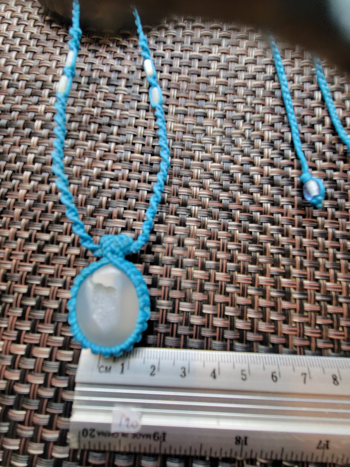 Agate Pendant – White Druzy Minimalist Boho Necklace on a teal cord, featuring a unique agate stone and adjustable tie.