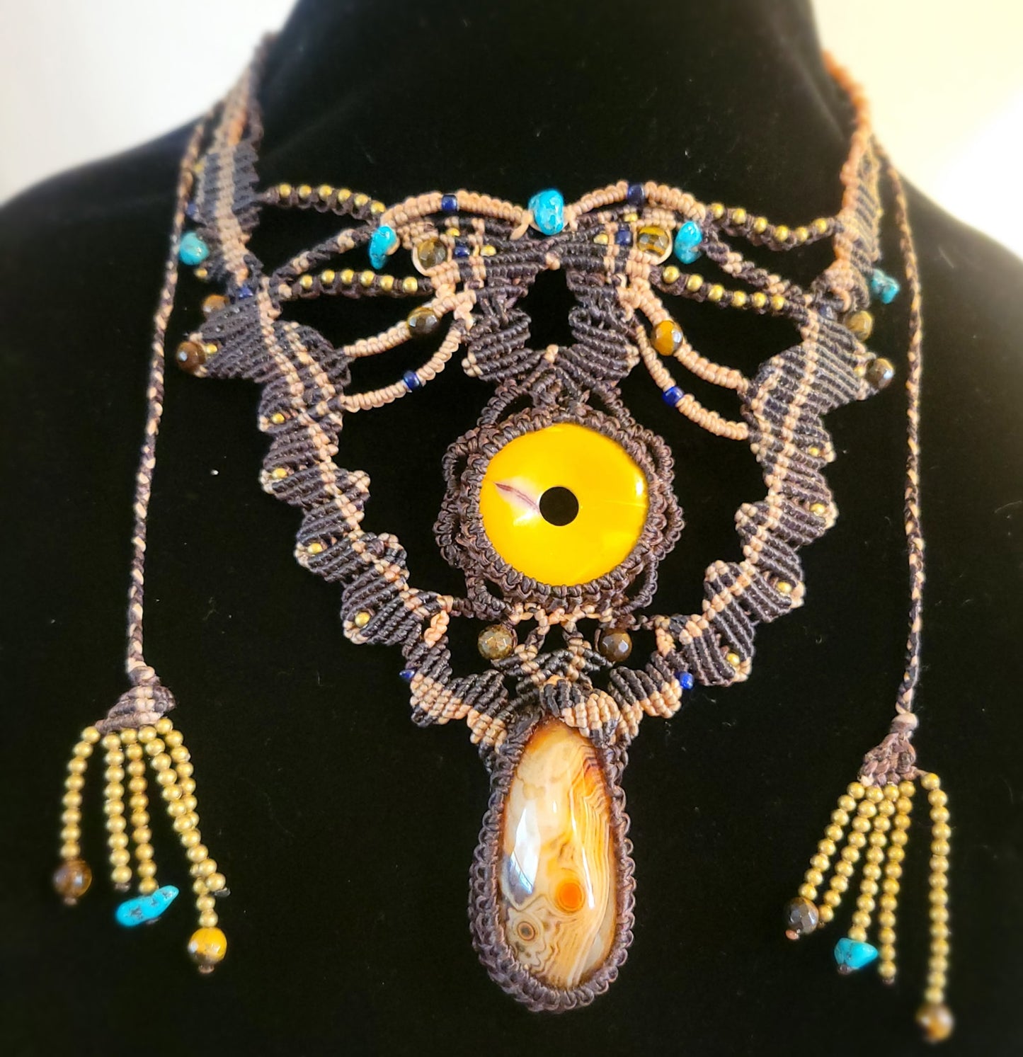 Carnelian & Jasper Boho Choker – Multistrand Statement Necklace with Brass & Stone Beads