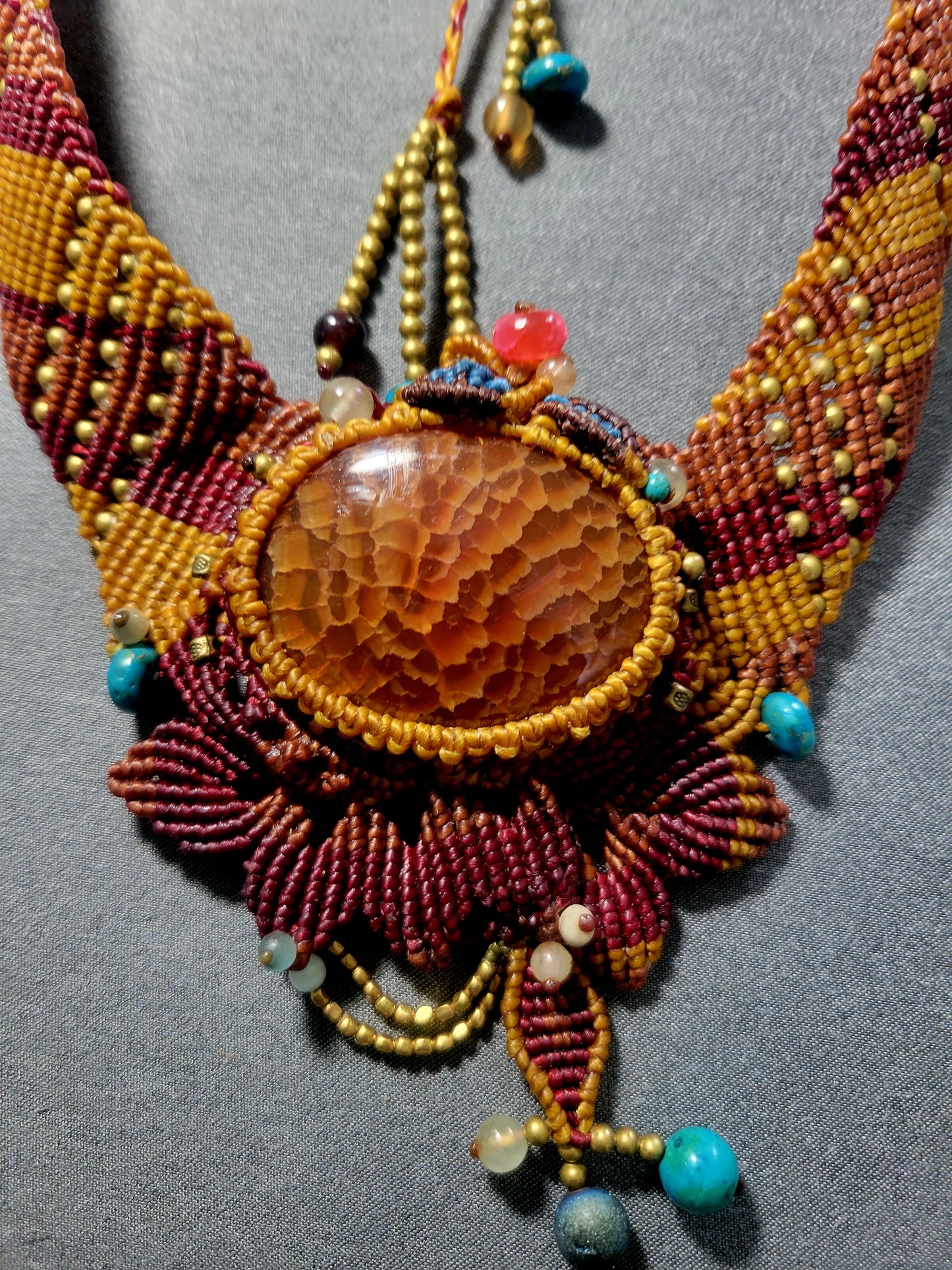 Fire Agate - Earthfire Ritual Palm Stone Choker with ornate micromacramé and antique brass embellishments.