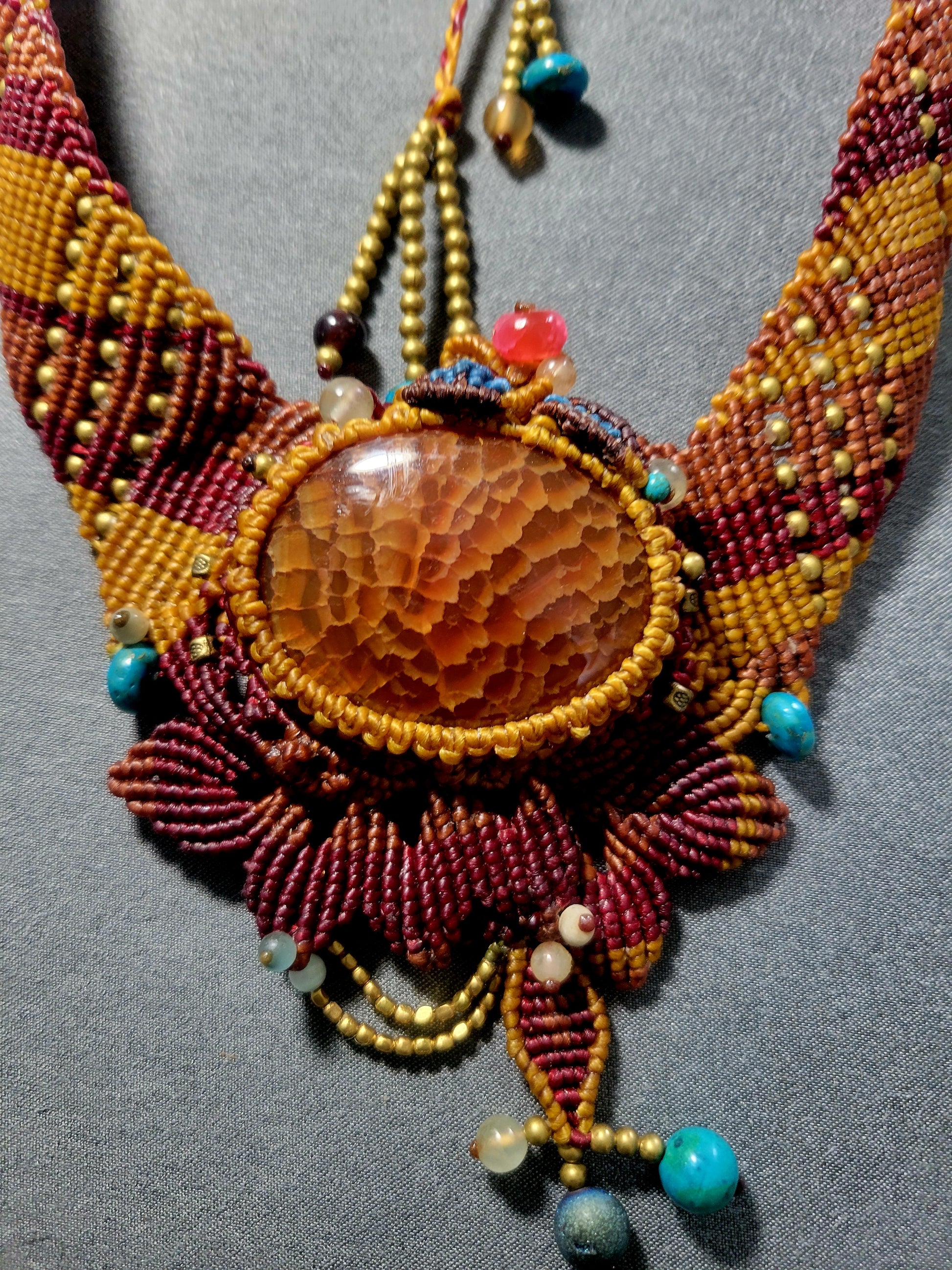 Fire Agate - Earthfire Ritual Palm Stone Choker with ornate micromacramé and antique brass embellishments.