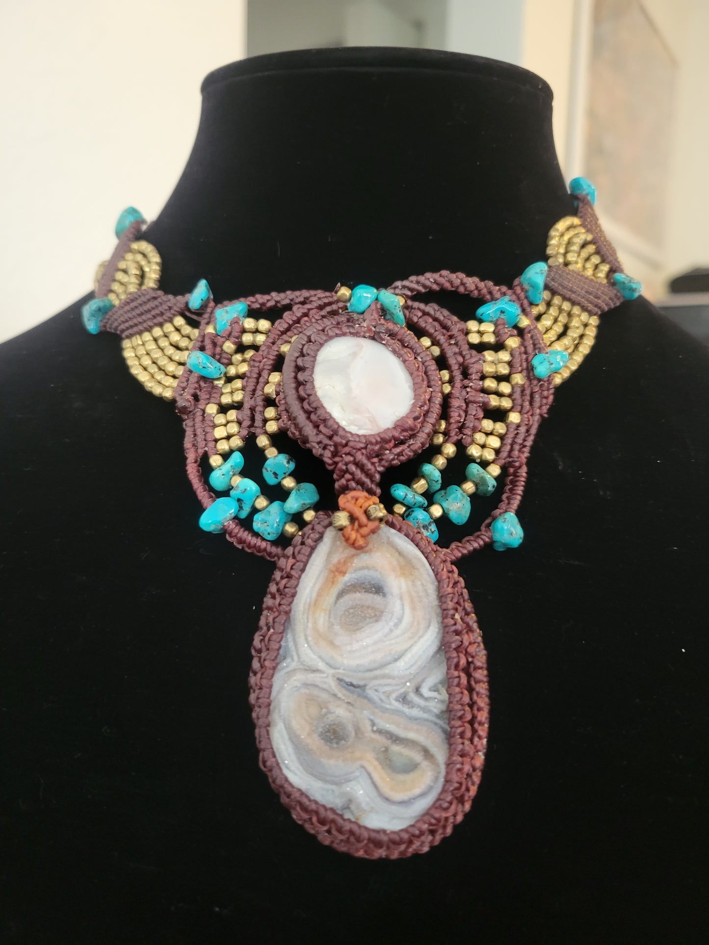 Ocean Agate & Druzy Micromacrame Choker - Unique Artisan Crafted