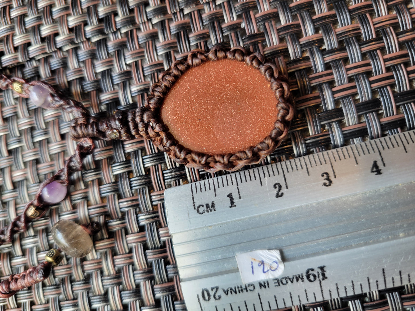 Gold Sandstone Macramé Necklace – Brown Cord Pendant with Quartz Beads, Adjustable Fit