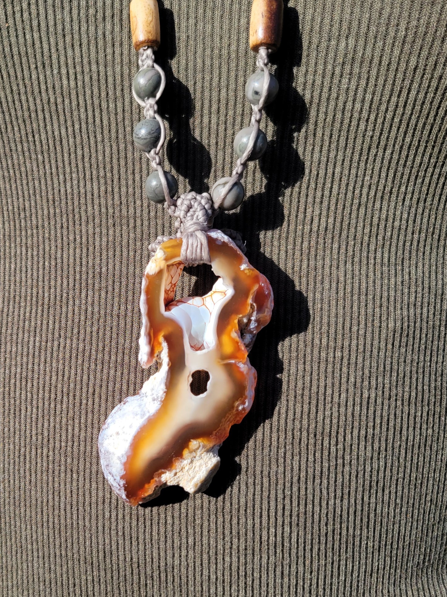 Unisex Agatized Coral Necklace with red agate fossil pendant