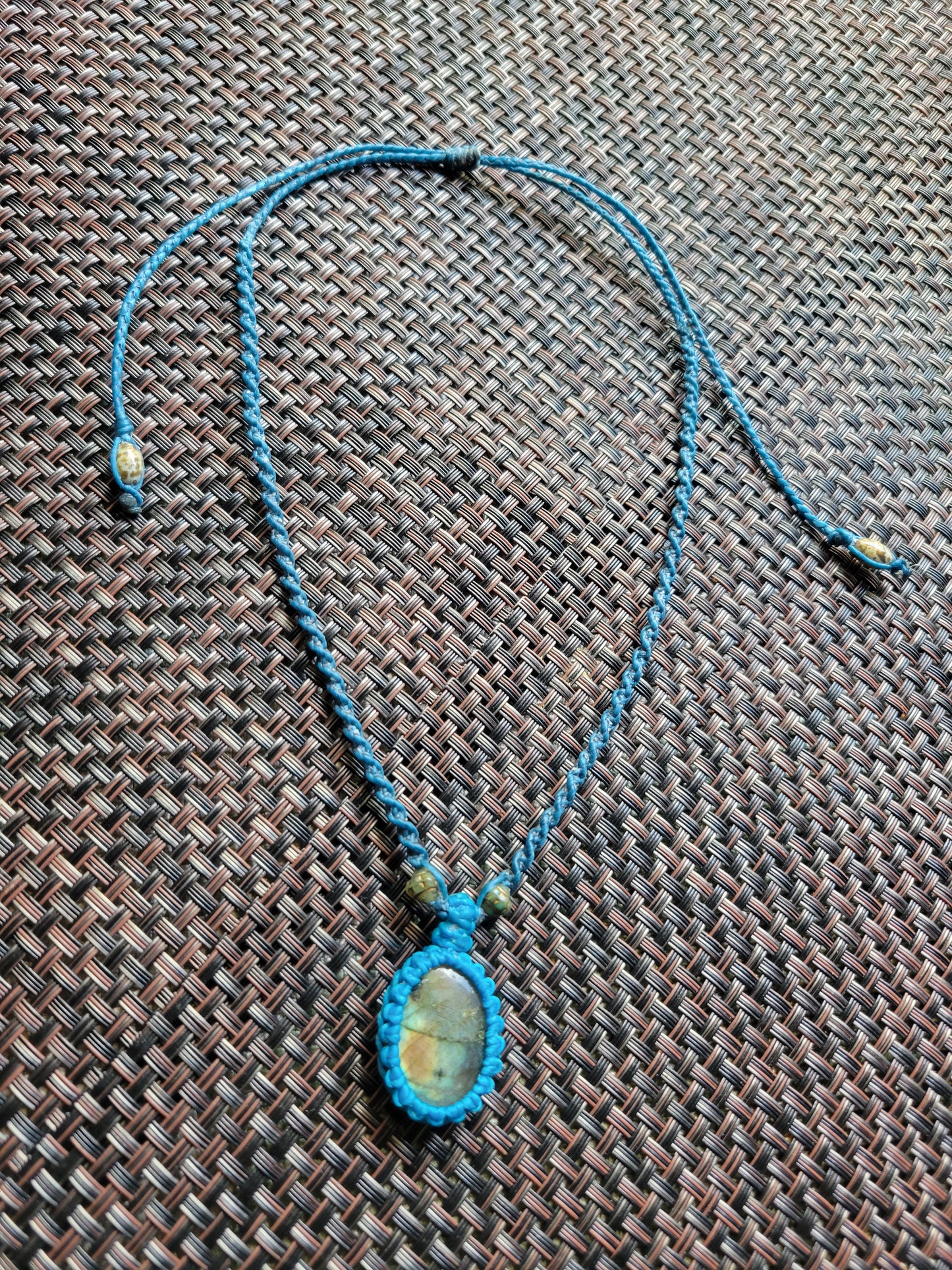 “Starseed” – Small Oval Labradorite Pendant Necklace, Blue Cord & Spiral Braid, Adjustable for Kids & Adults