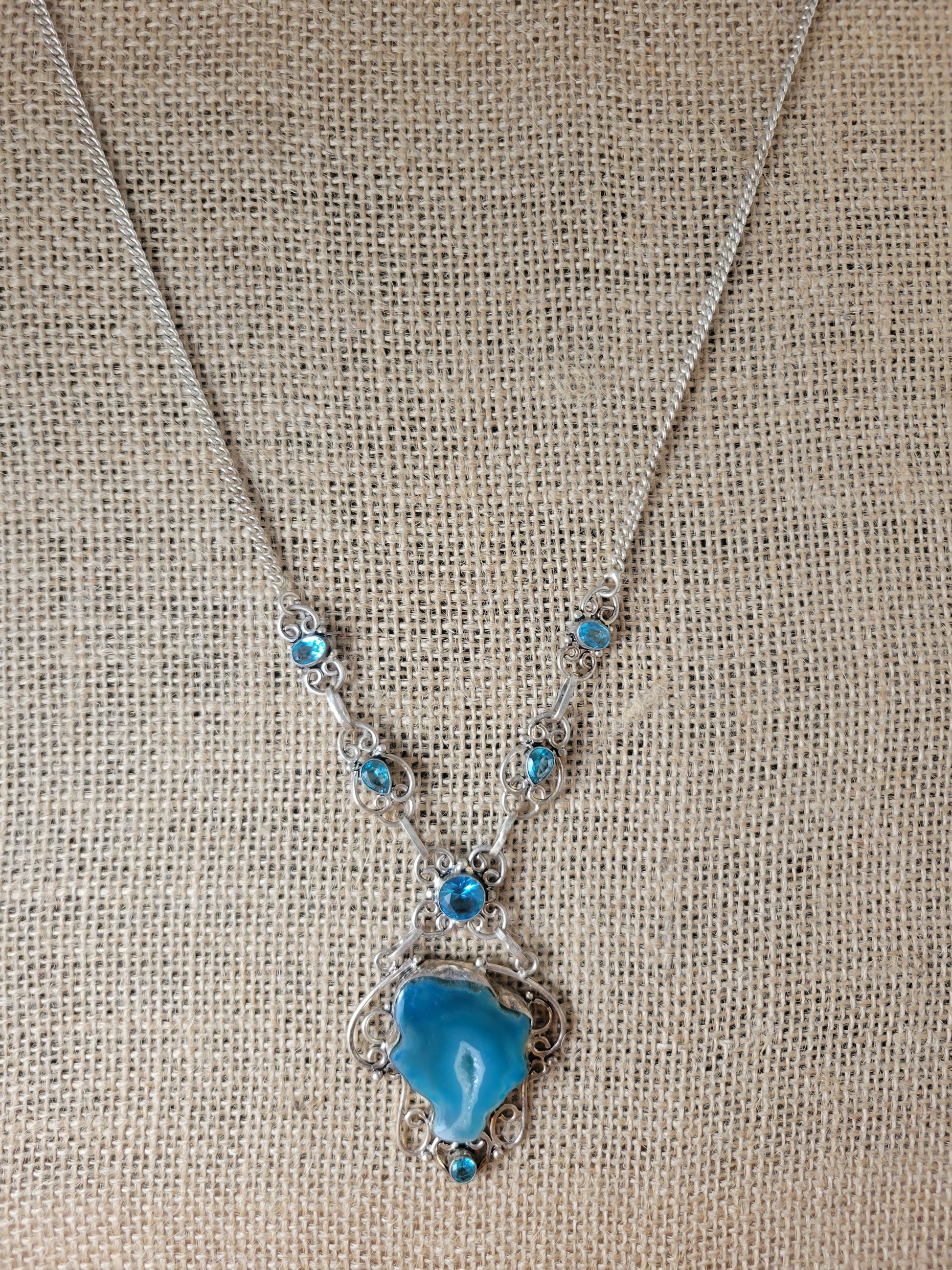 Full Image Handmade Druzy Agate and Blue Topaz Pendant Necklace 