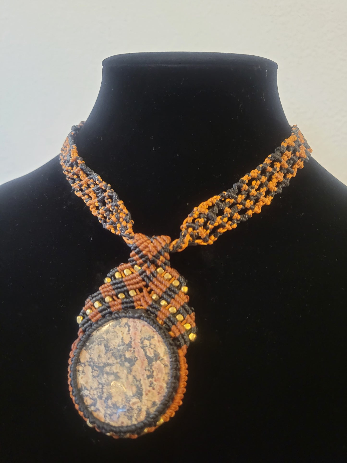 Ocean Jasper Choker with Intricate Micromacramé & Brass Beads - Women's Necklace