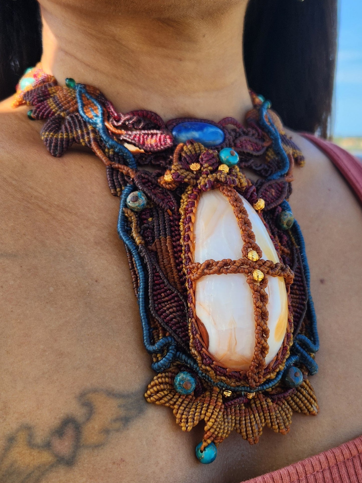 Carnelian Pendant – Celtic Ember Boho Ritual Choker featuring large carnelian stone and lapis lazuli in ornate micromacramé.