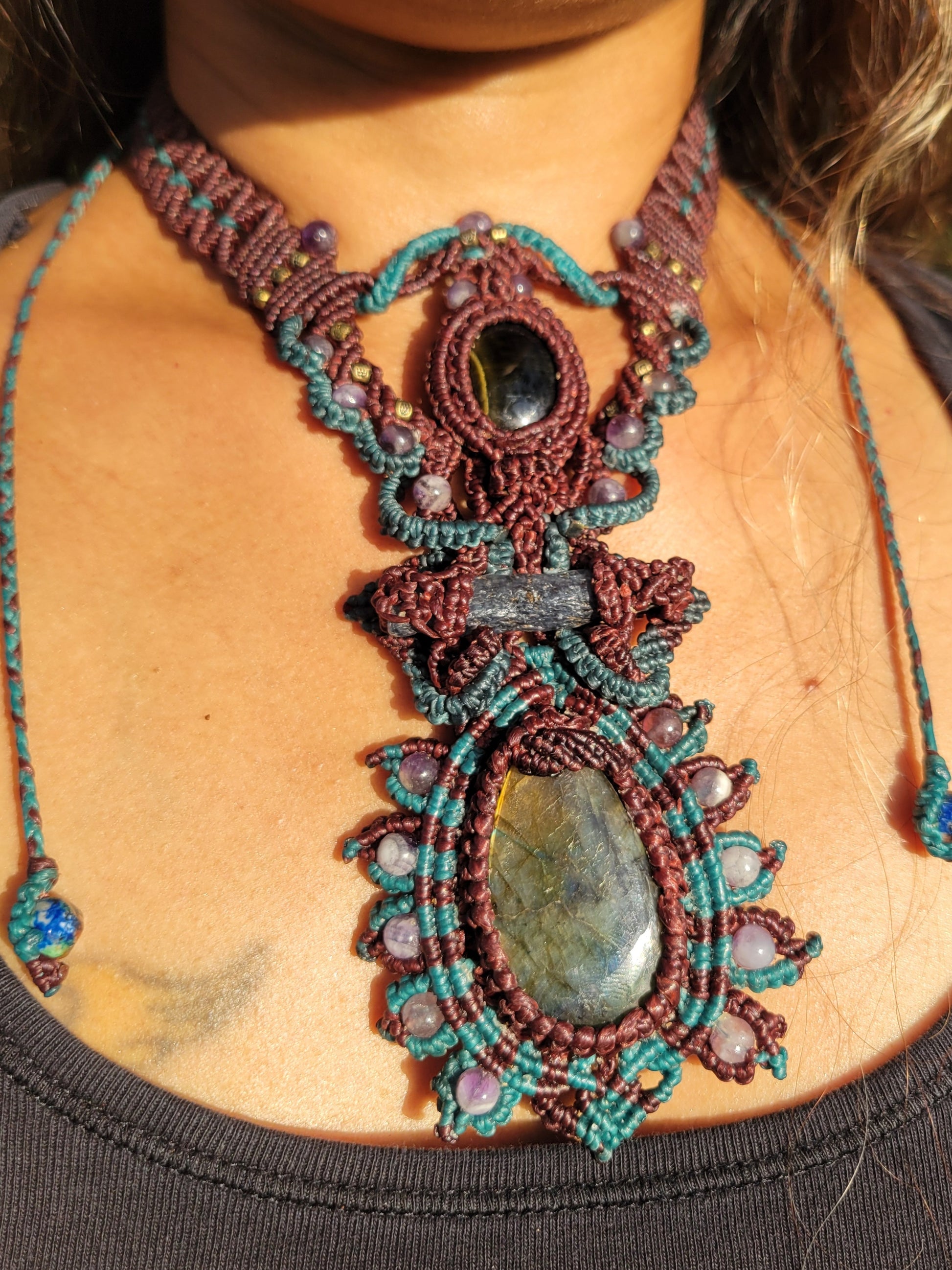 Labradorite Mandala Pendant Necklace – Macramé with Amethyst, Tourmaline & Tiger’s Eye