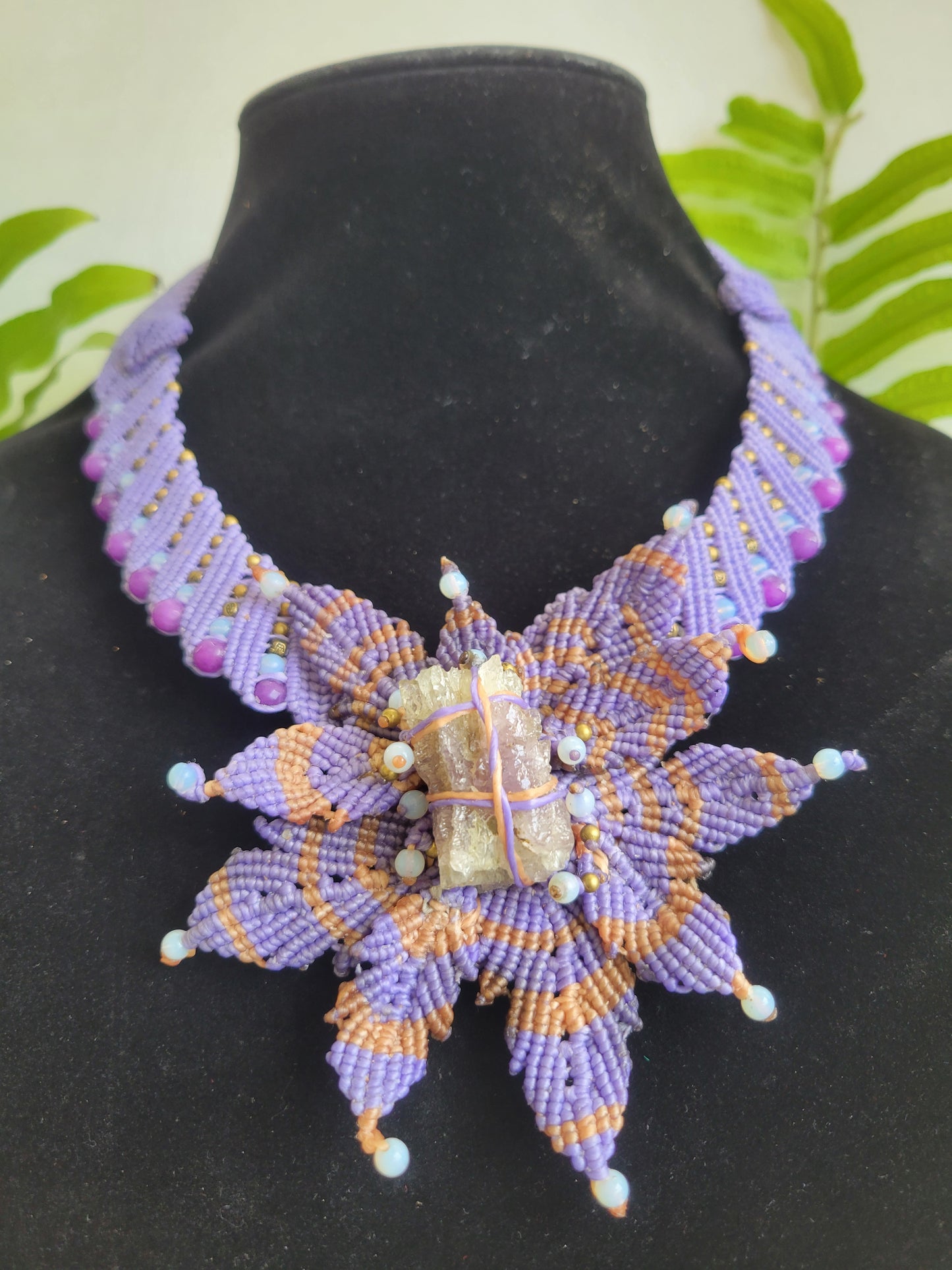 Purple Fluorite Macramé Choker – Handcrafted Floral Design with Phosphosiderite Accents