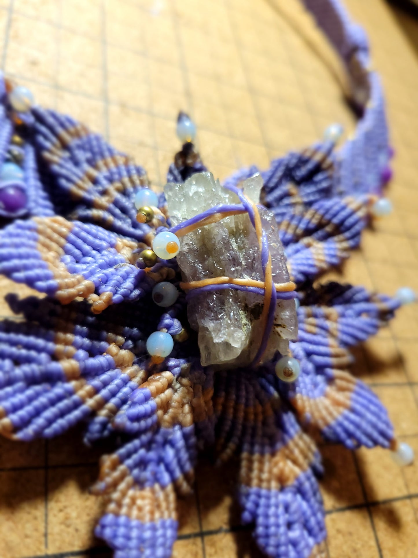 Purple Fluorite Macramé Choker – Handcrafted Floral Design with Phosphosiderite Accents