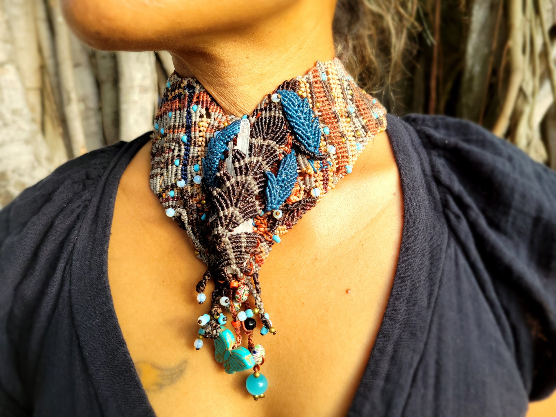 unique artistic macrame choker with quartz crystal