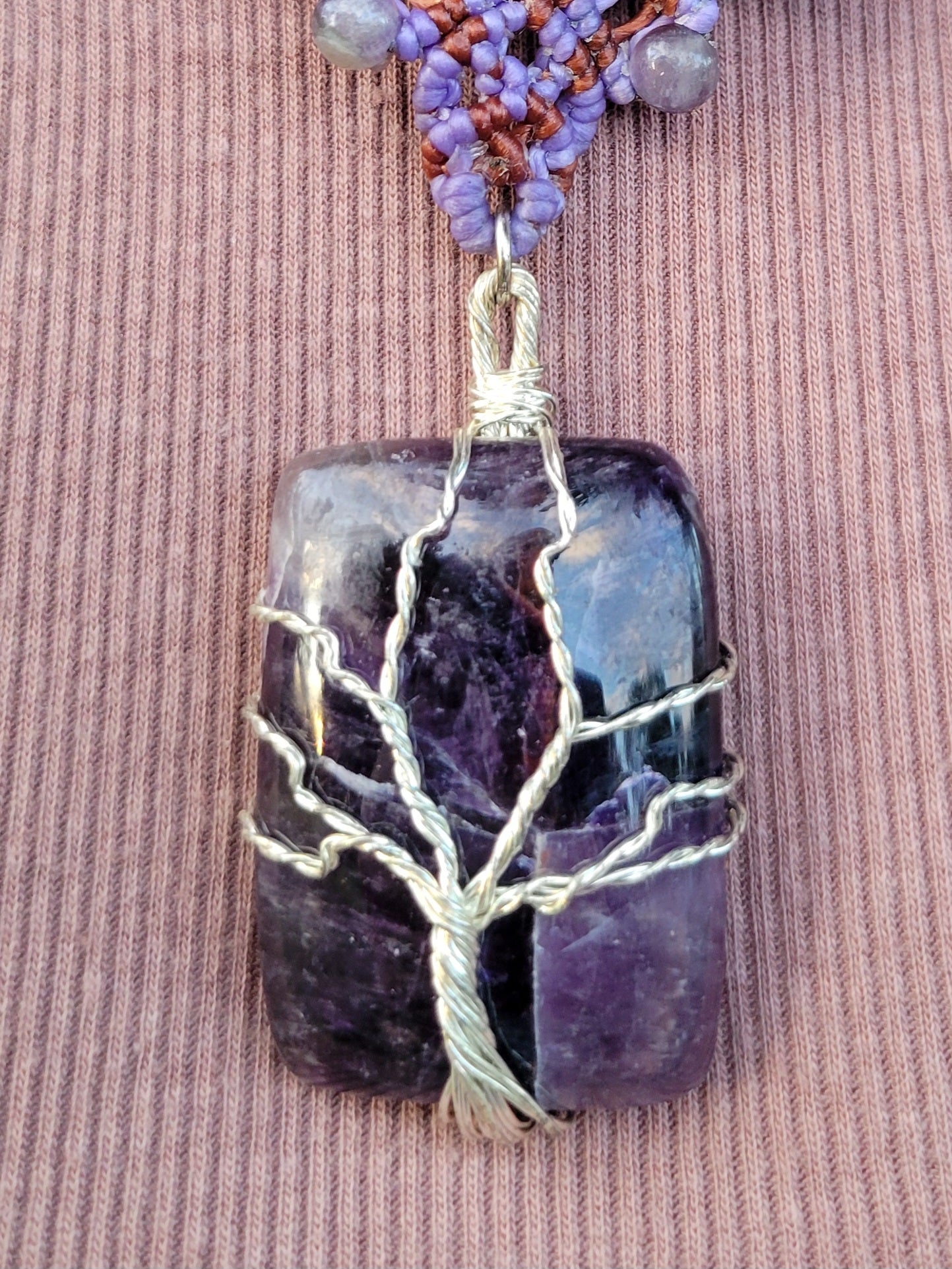 Amethyst Pendant Necklace – Tree of Life Boho Macramé Choker