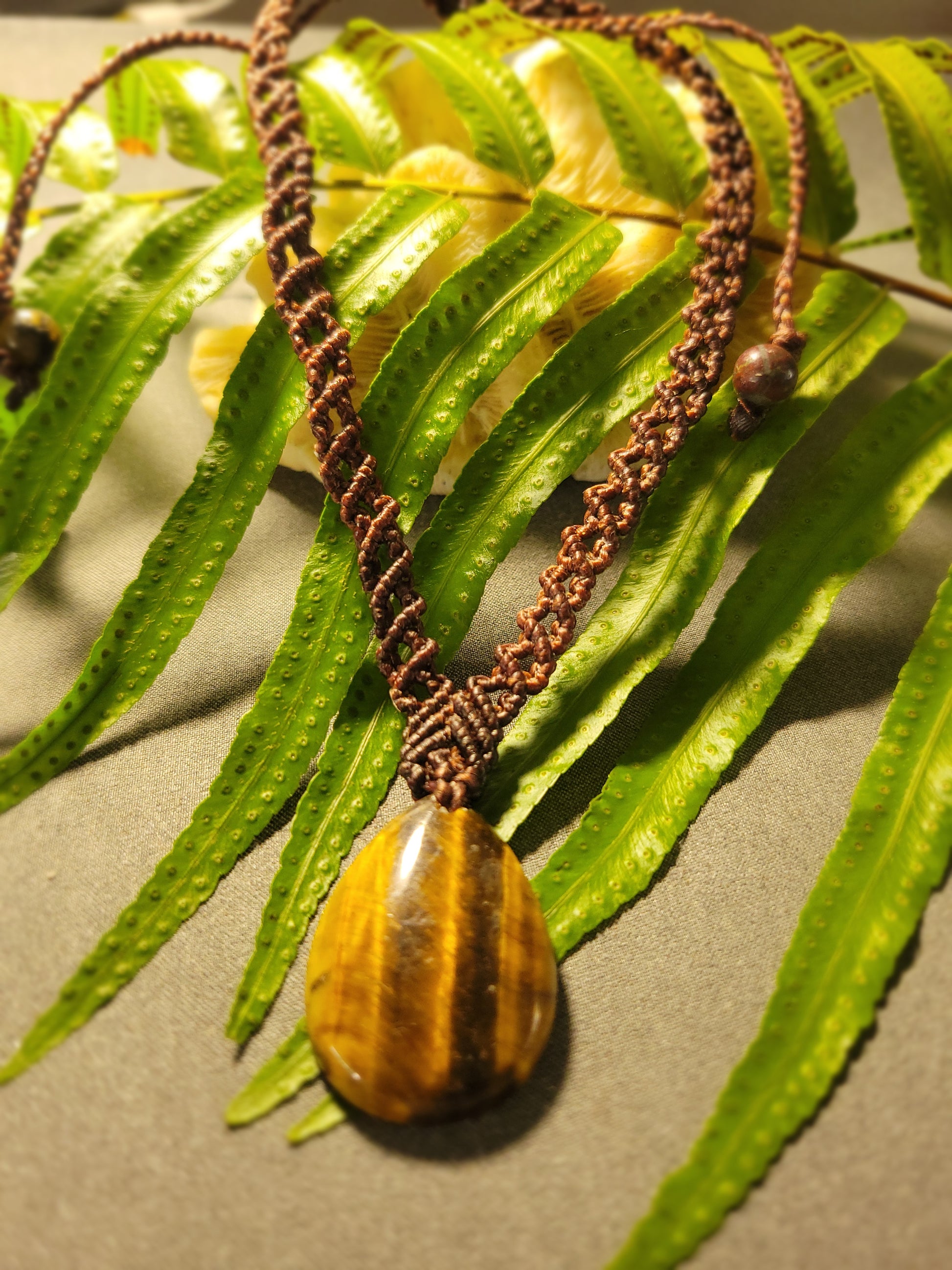 Tiger Eye Necklace featuring a natural banded stone and dark brown braided design on a leafy backdrop.