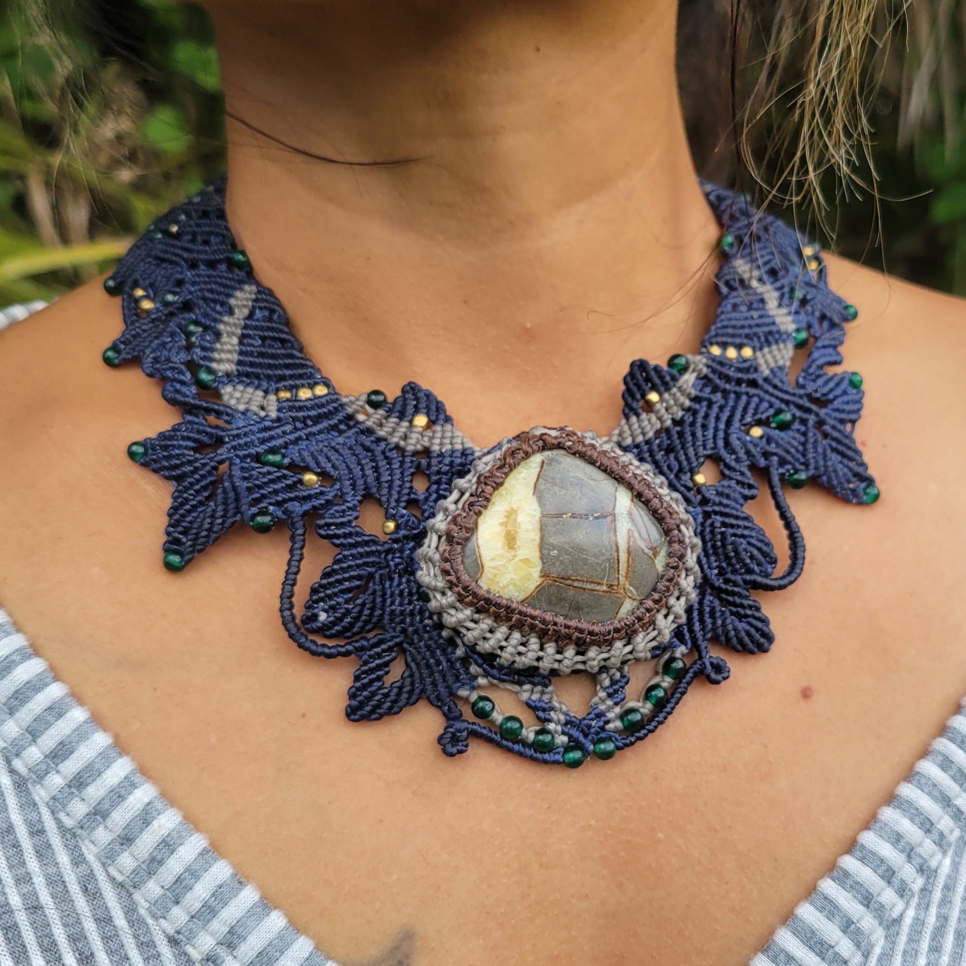 Dragon Stone ocean jasper pendant on blue and grey choker