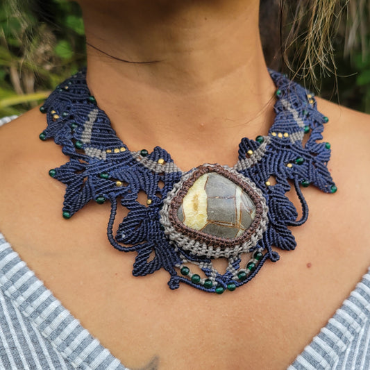 Dragon Stone ocean jasper pendant on blue and grey choker