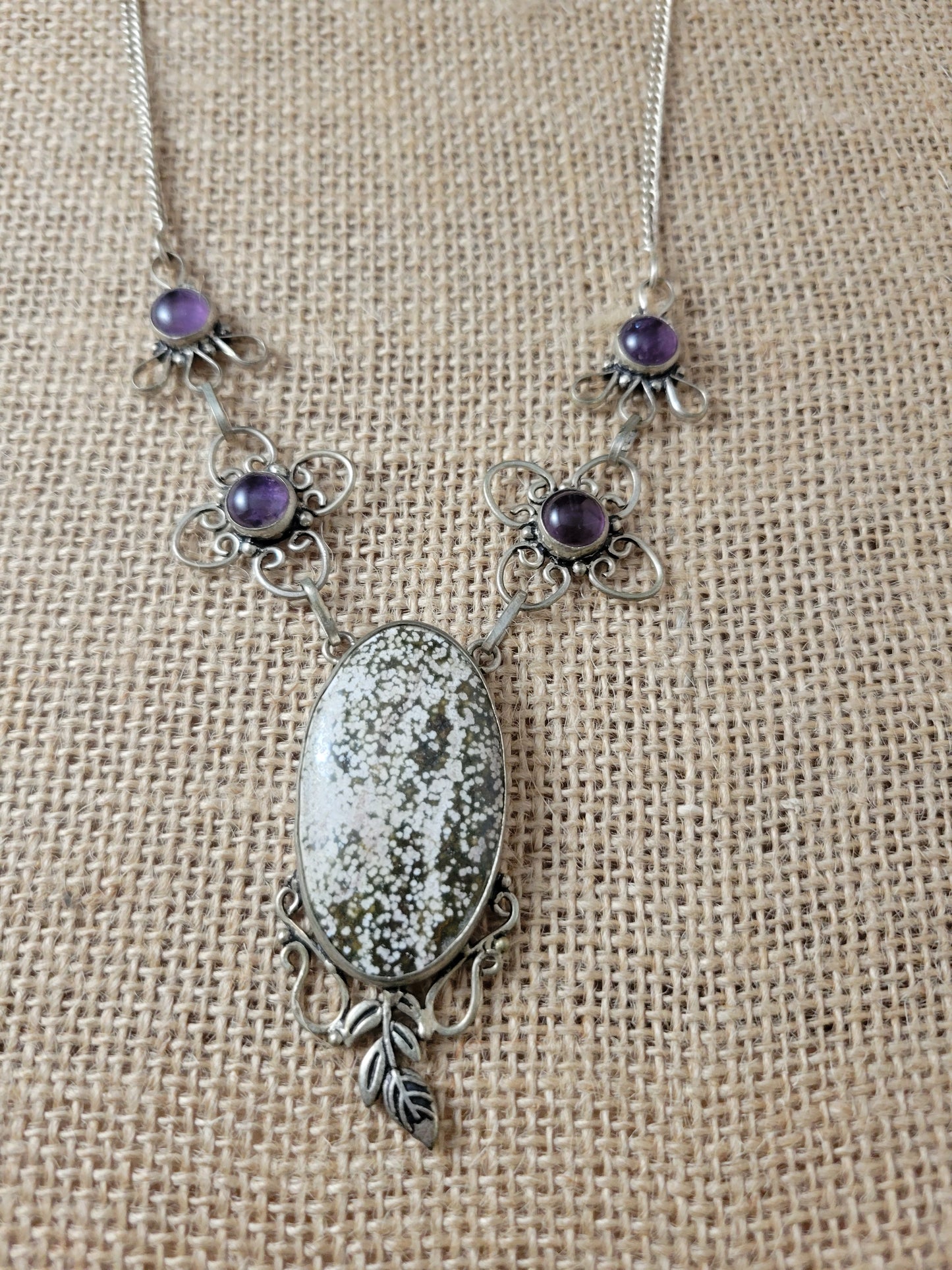 Vintage Snowflake Obsidian & Amethyst Necklace – Sterling Silver Boho Pendant Jewelry