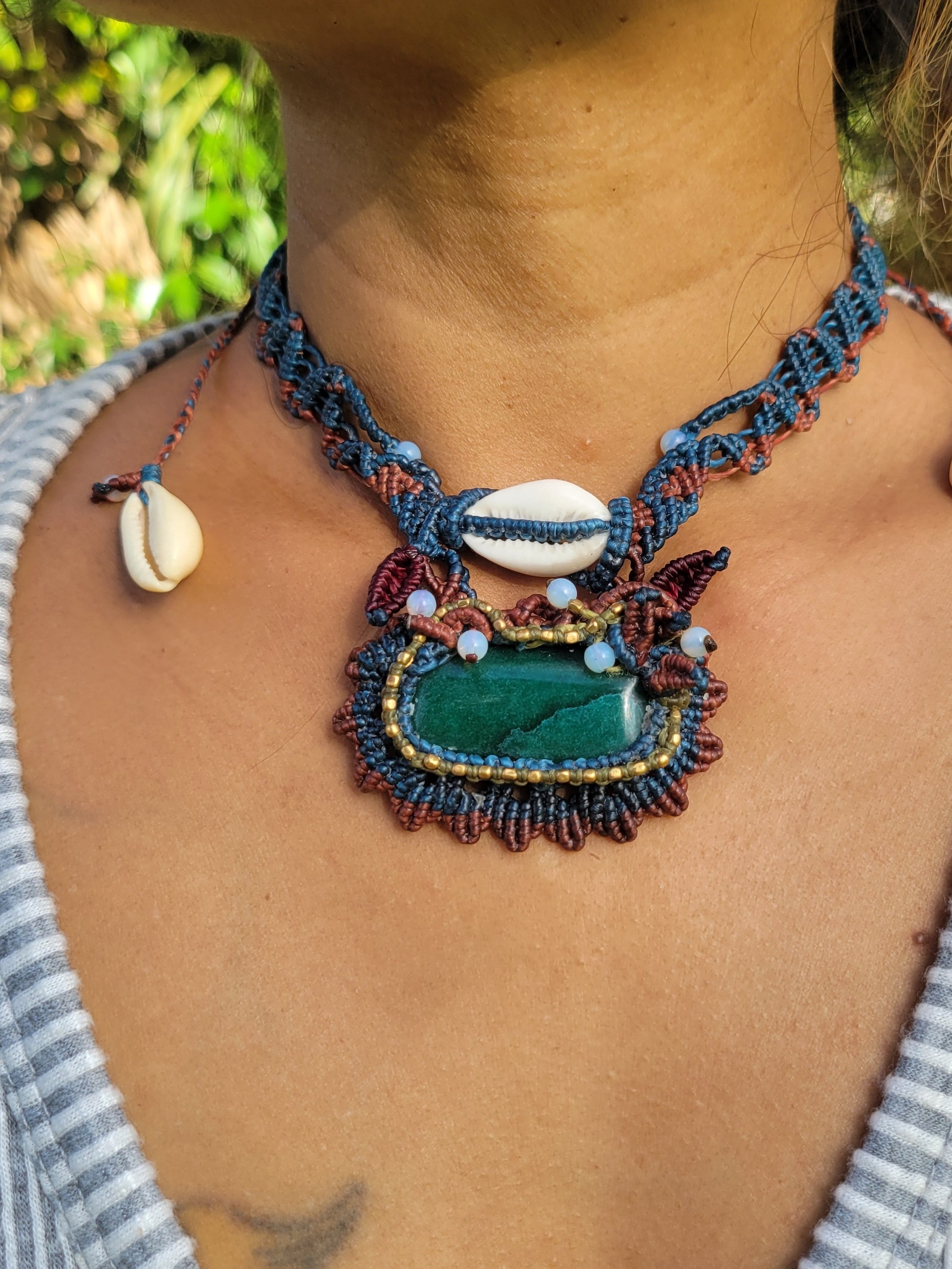 Malachite and turquoise boho necklace with golden glow