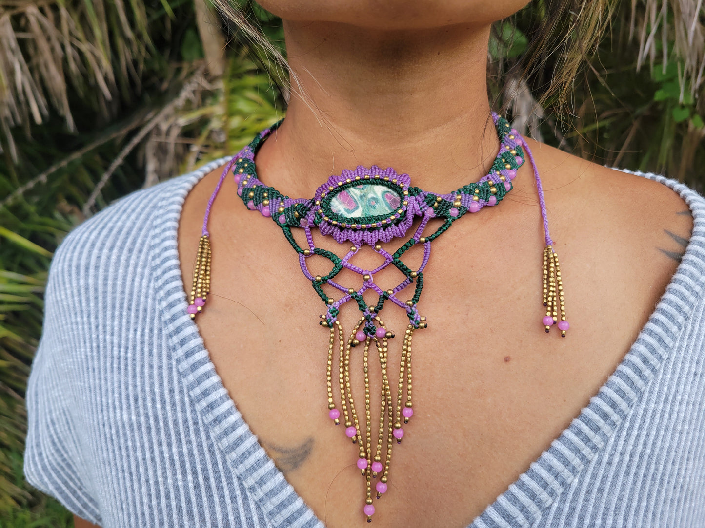 Feminine gemstone choker with brass and pink bead accents