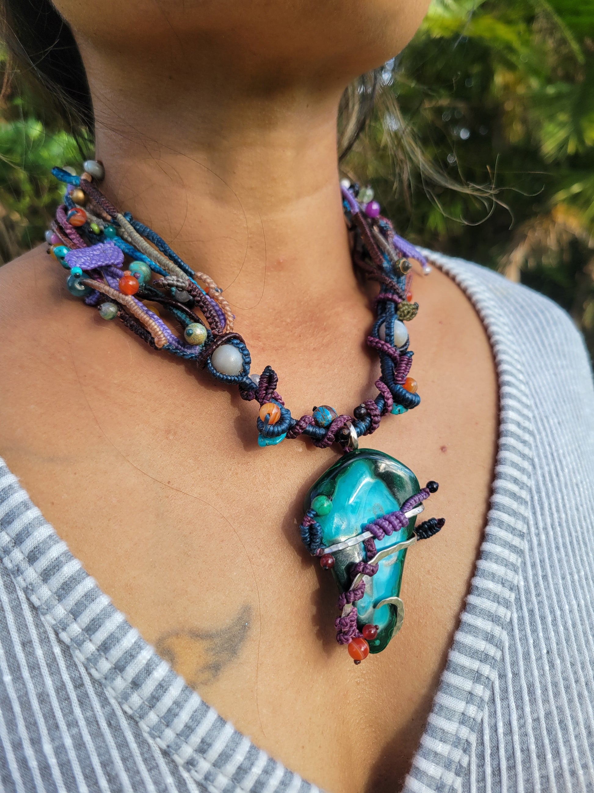 Handmade Raw Malachite Pendant necklace with sliding bead closure