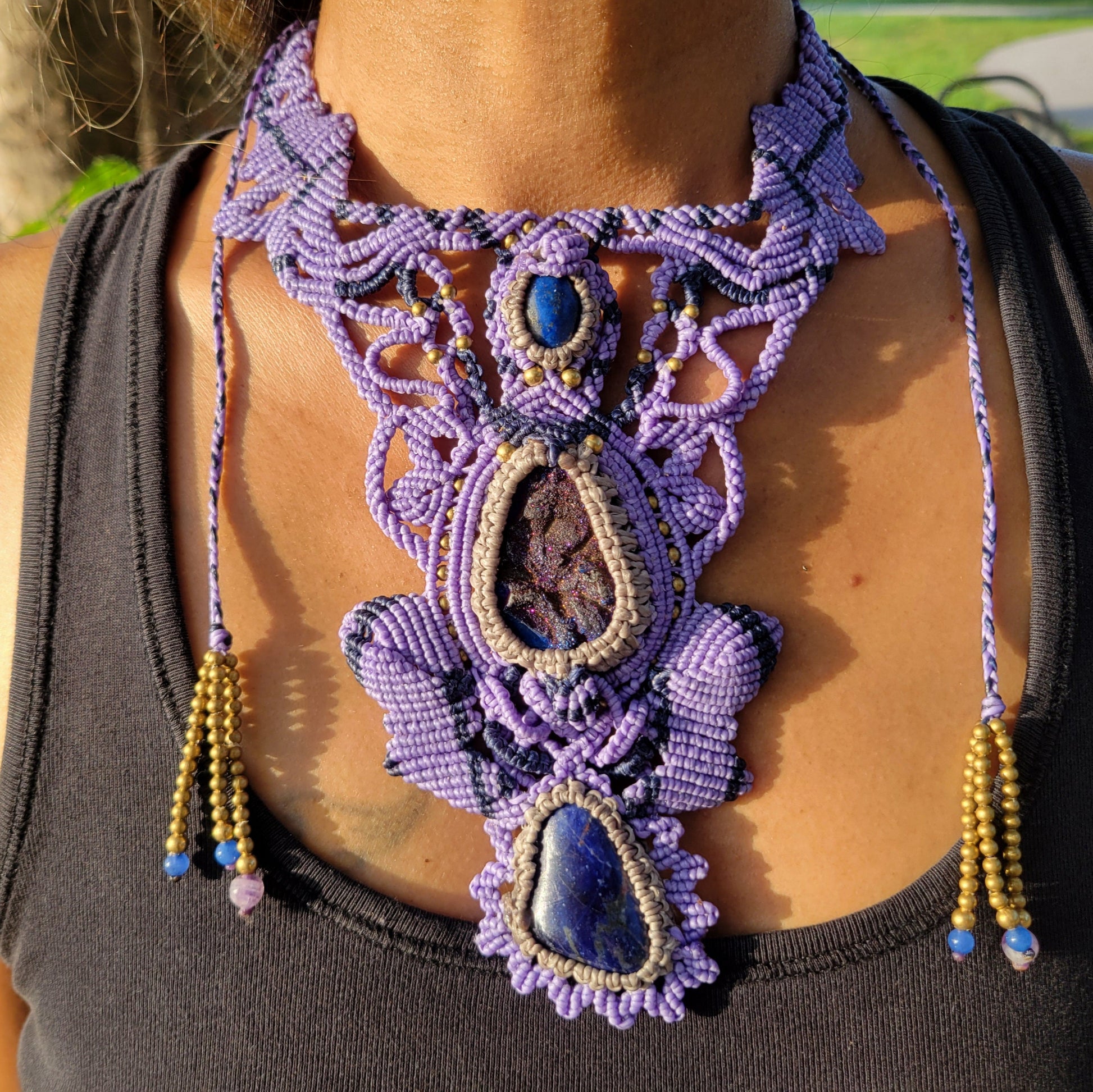 Lapis Lazuli Titanium aura and sodalite riple pendant boho necklace