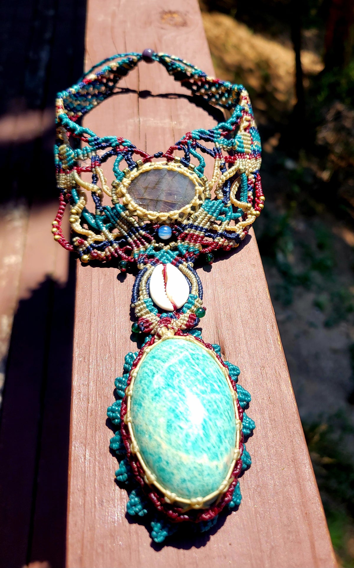 Amazonite Pendant Necklace featuring large natural Amazonite gemstone and intricate micromacramé design.
