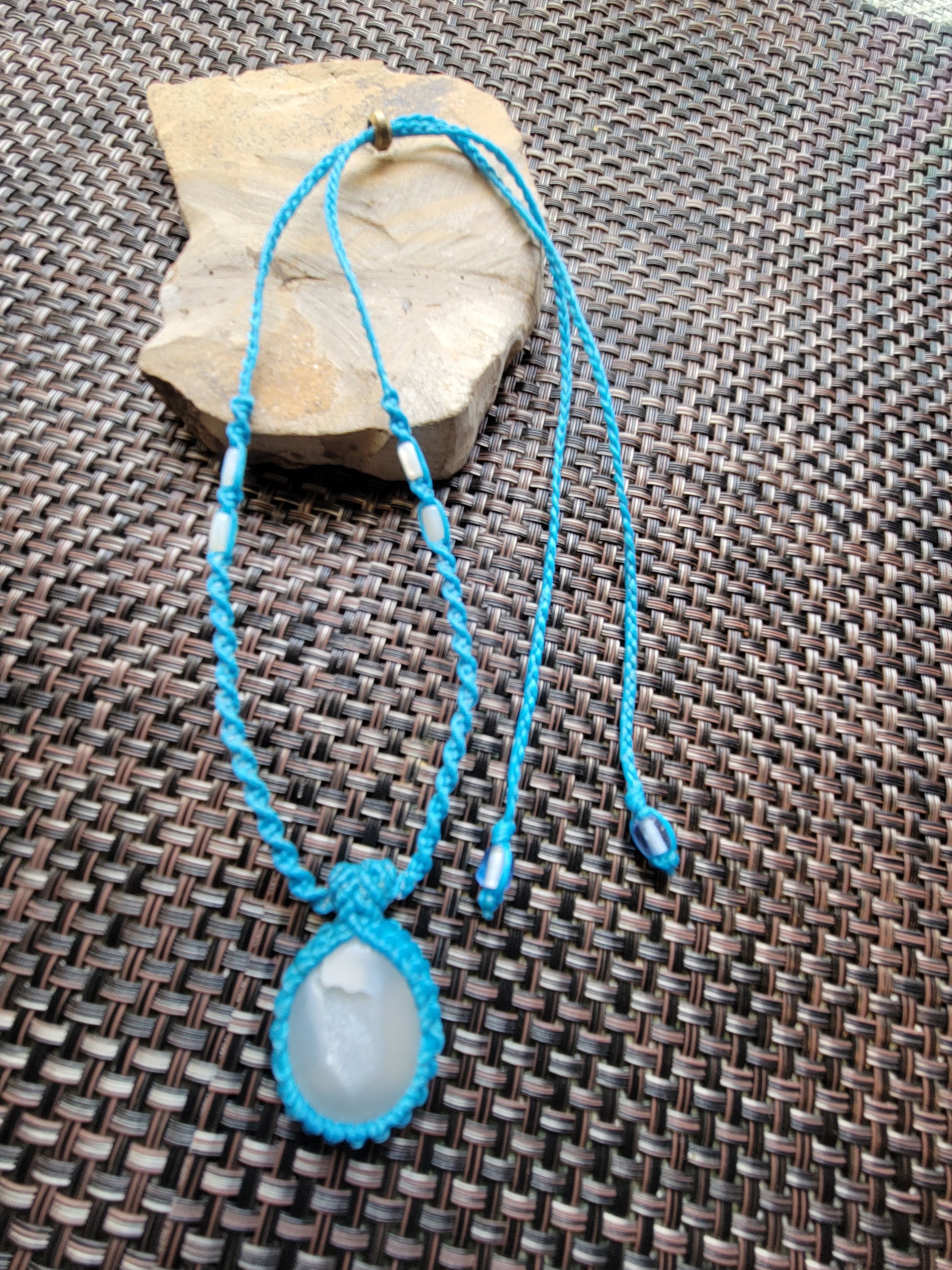 Agate Pendant – White druzy minimalist boho necklace on teal cord with adjustable tie.