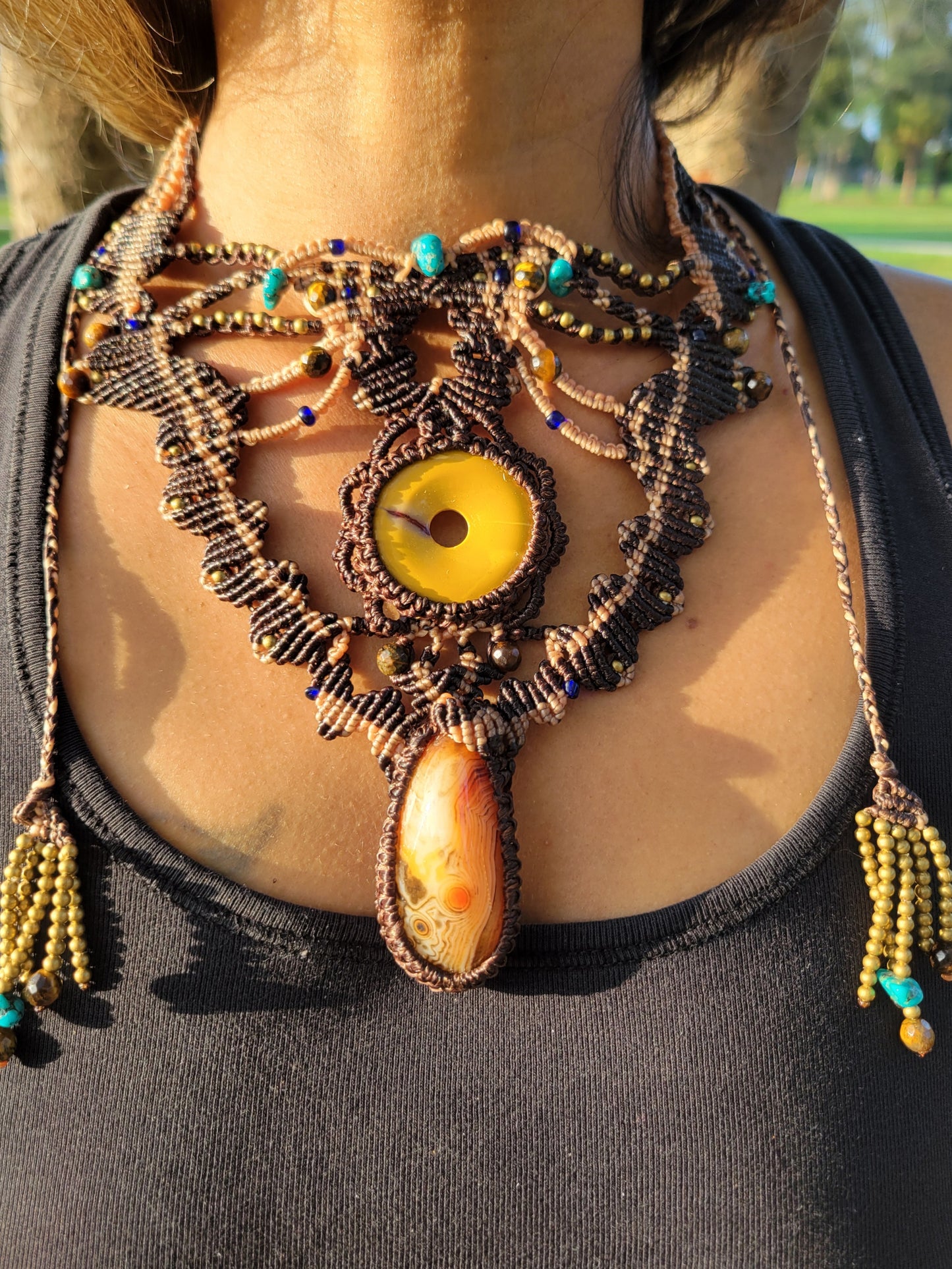Carnelian & Jasper Boho Choker – Multistrand Statement Necklace with Brass & Stone Beads