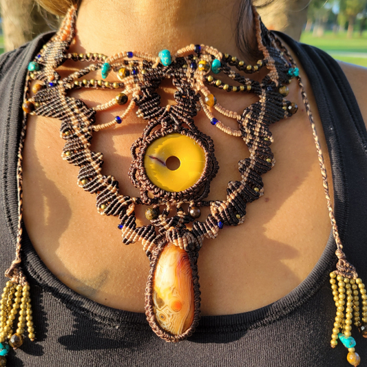 Jasper ring and carnelian agate boho macrame necklace