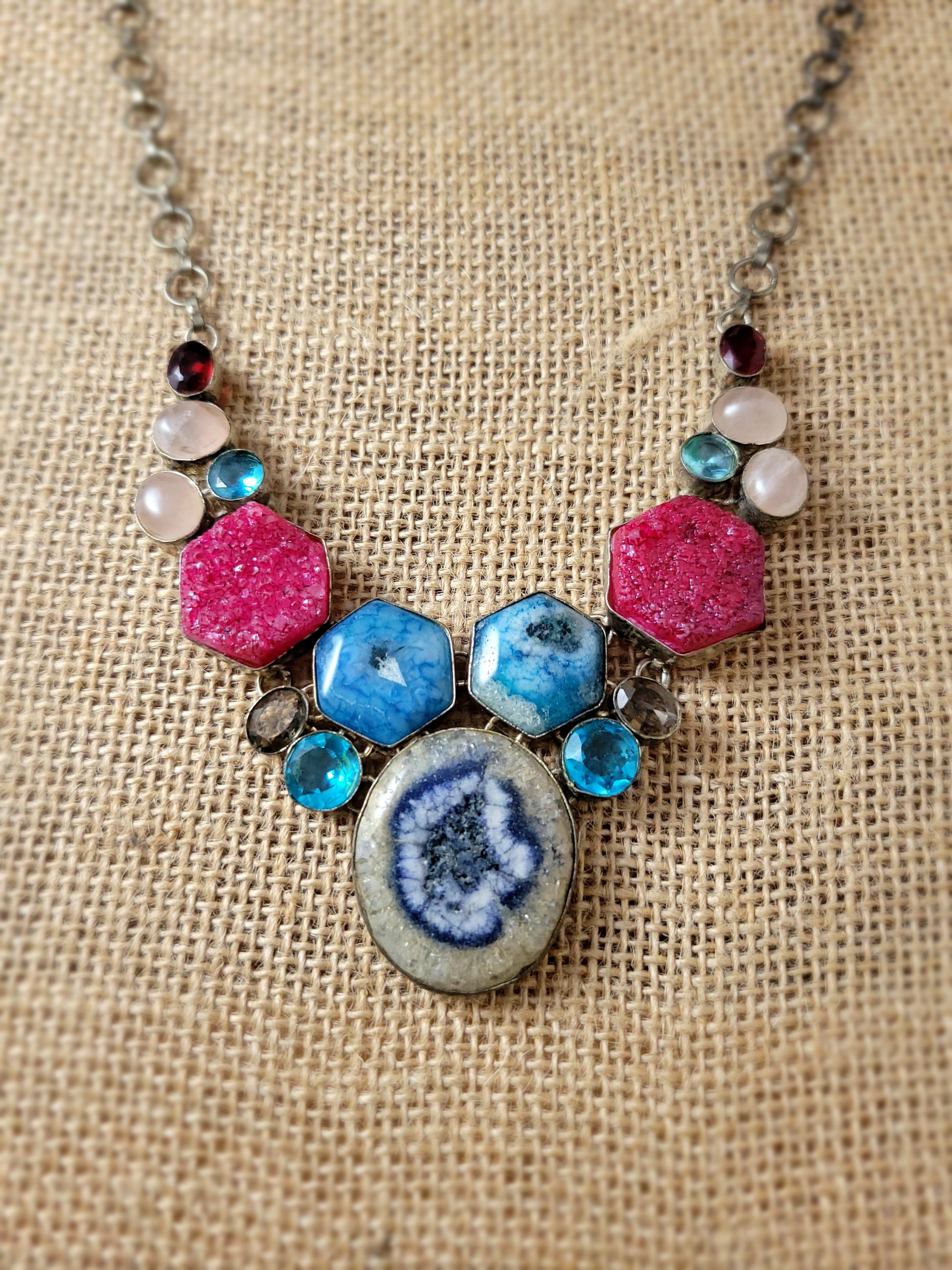 Multi Gemstone Pendant Necklace with vintage silver detailing
