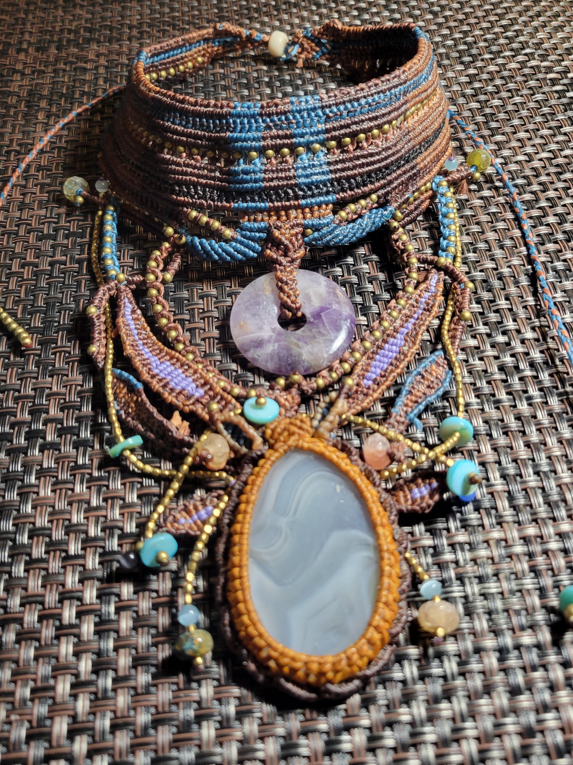 Tribal Jewelry – Ornate woven boho chestplate choker featuring agate and amethyst embellishments.