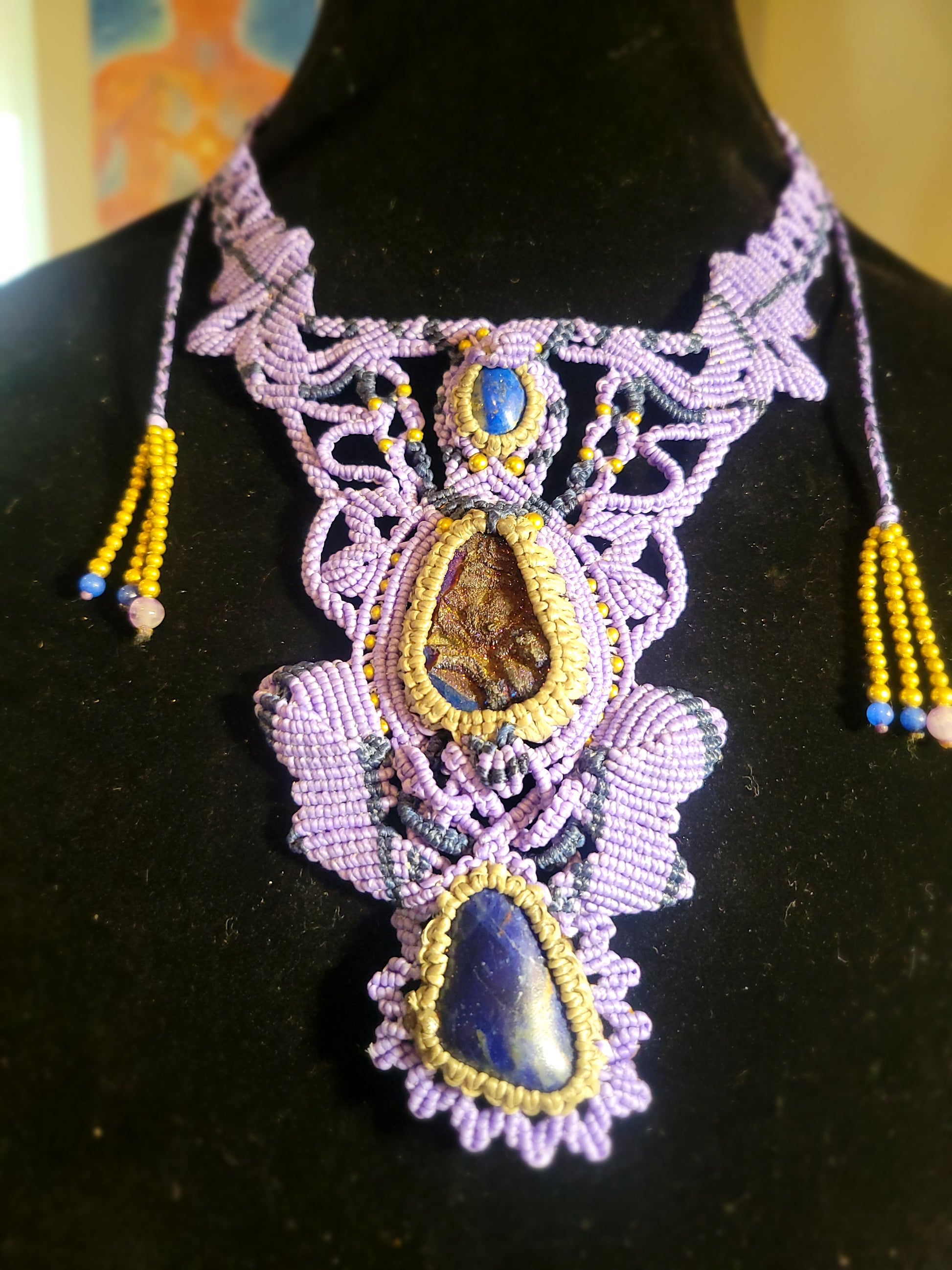 Lapis Lazuli Titanium aura and sodalite riple pendant boho necklace