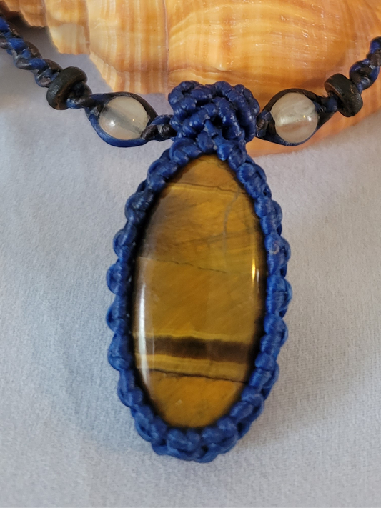 “Clarity & Courage” – Oval Tiger Eye Pendant Necklace with Clear Quartz Beads, Blue Cord, Adjustable