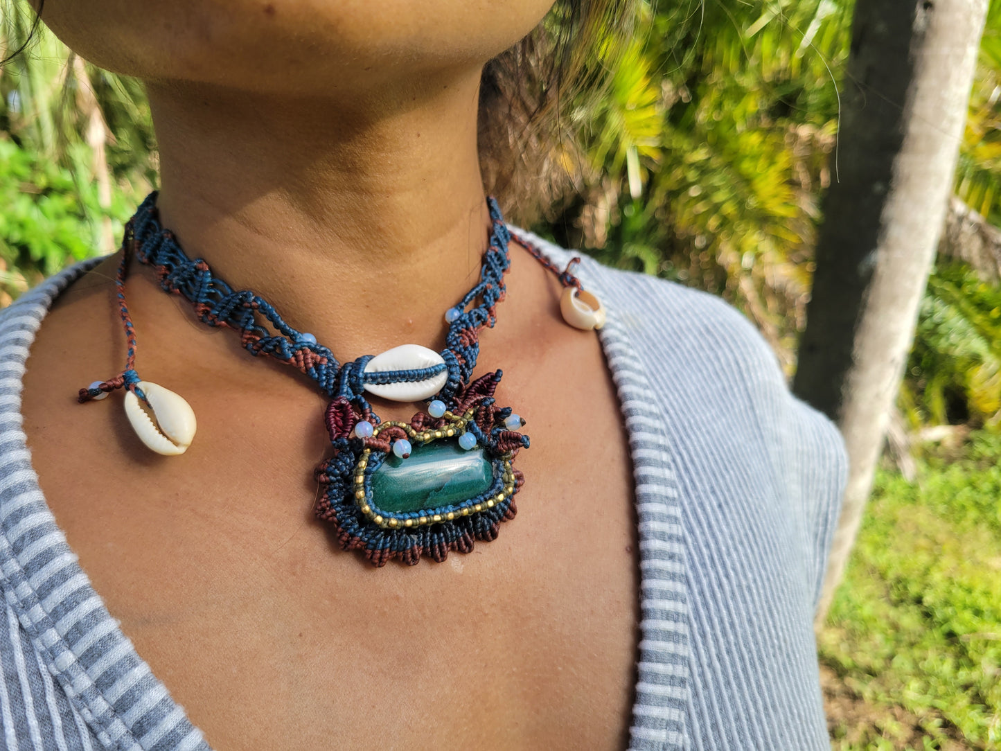 Boho choker necklace with turquoise macramé and brass beads