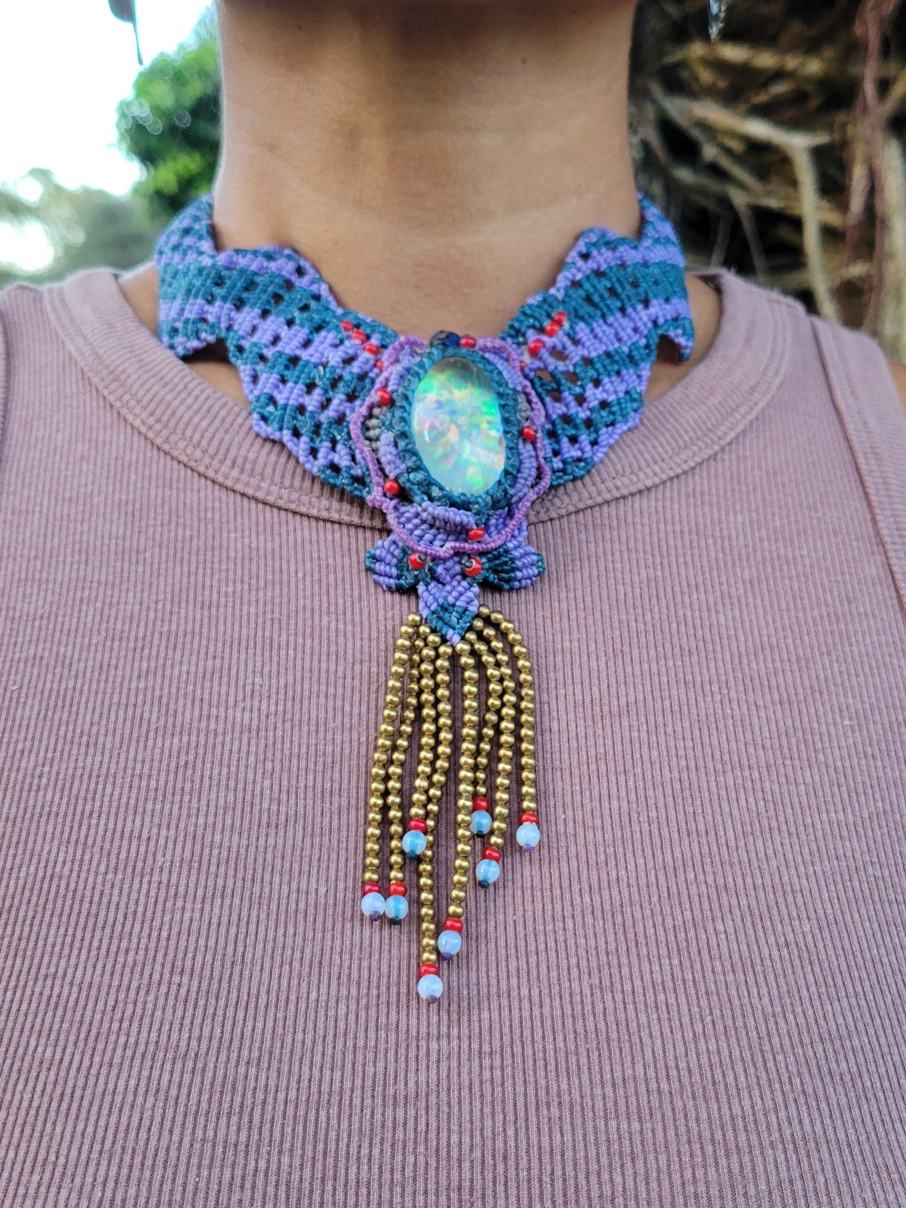 Opal Choker – Blue & Purple Handmade Boho Necklace featuring large opal stone and intricate macramé design
