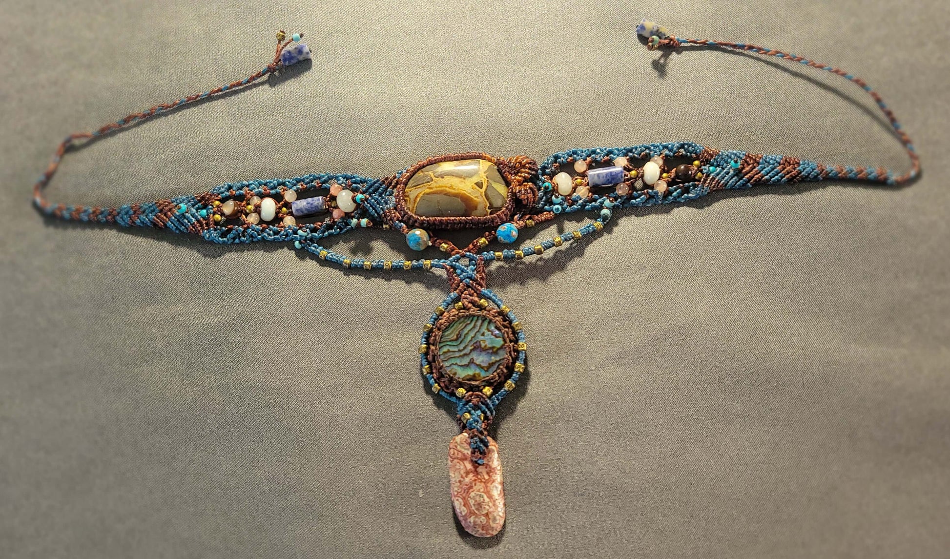 Polychrome Jasper & Crazy Lace Agate Macramé Necklace