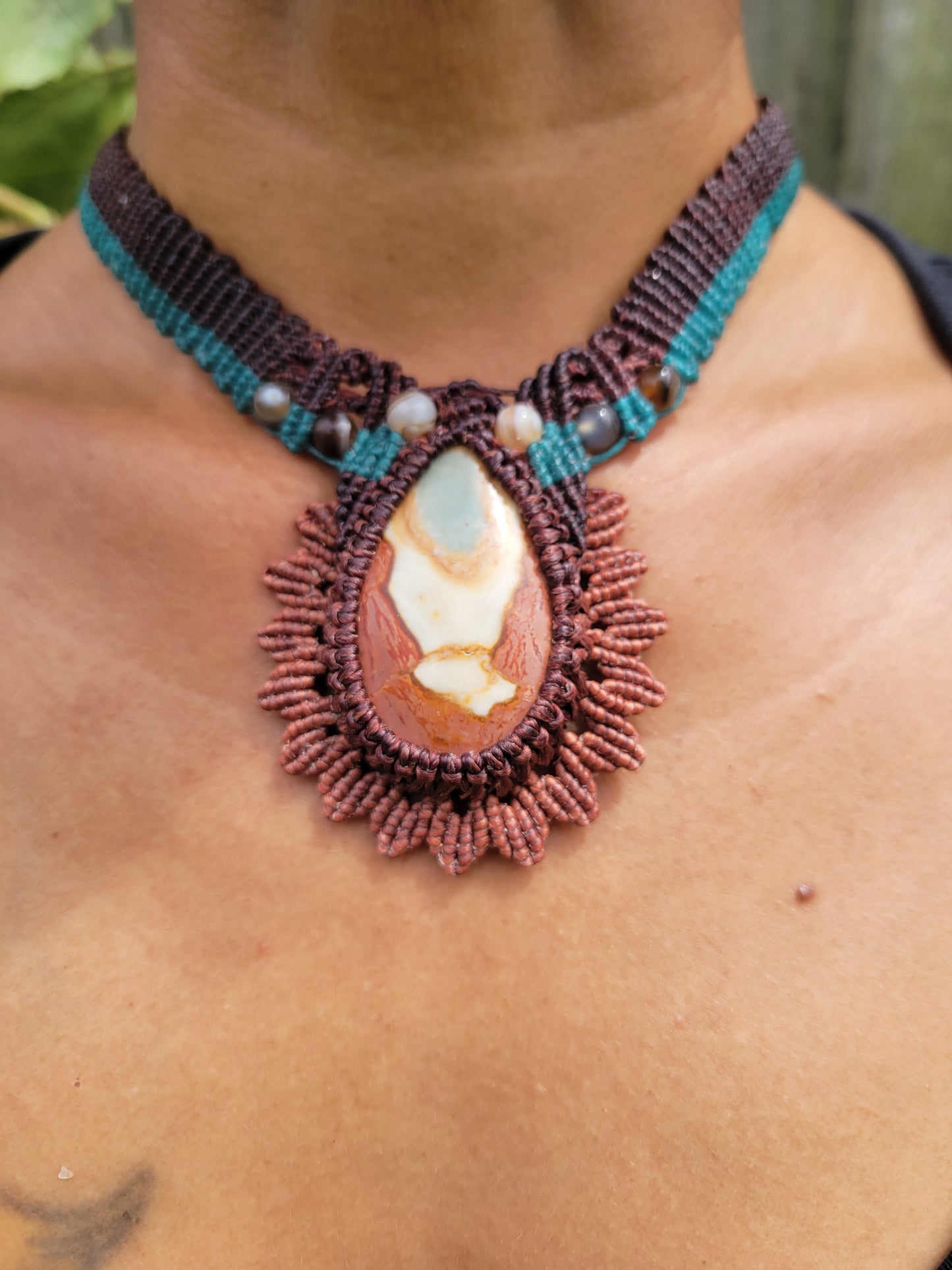 Picture jasper pendant on intricate macrame choker 