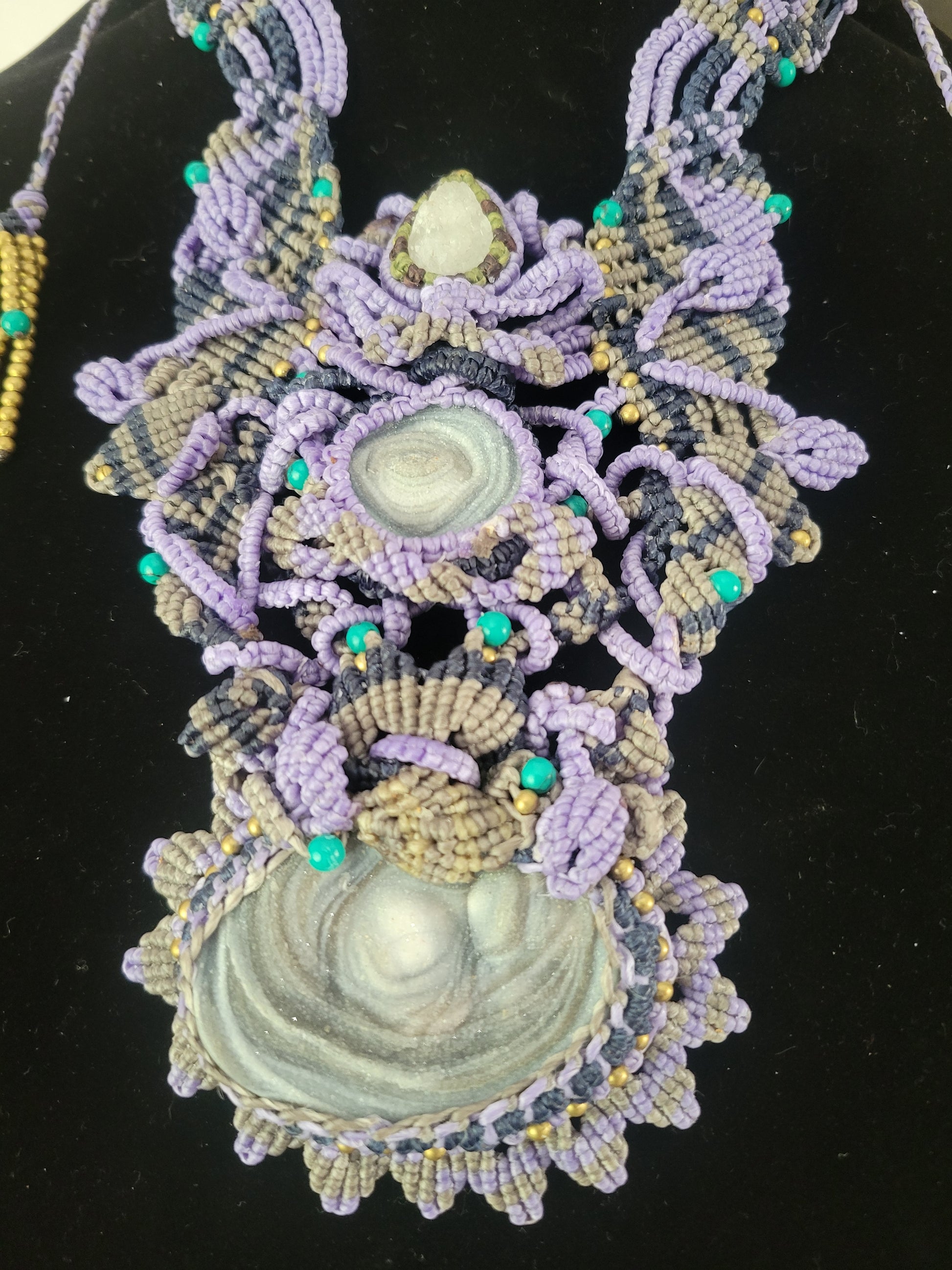 Agate Necklace featuring a Triple Druzy Agate Boho Choker Breastplate with light purple and black macramé cords.