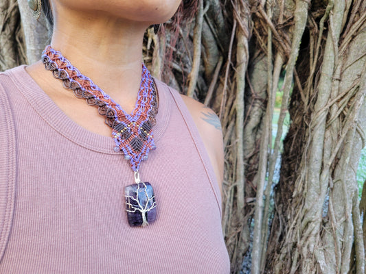 Amethyst Pendant Necklace – Tree of Life Boho Macramé Choker
