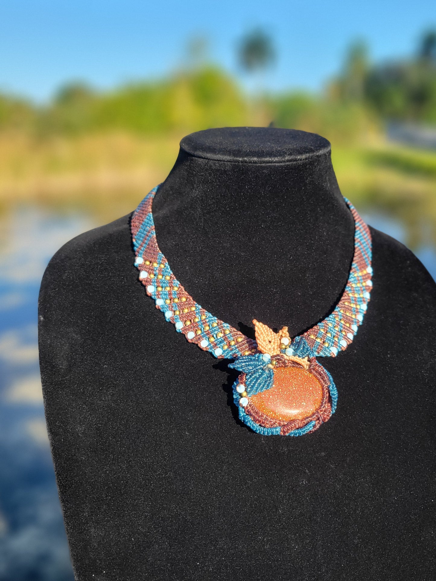 Golden Sandstone Macramé Choker – Boho Statement Necklace with Antique Brass & Blue Accents